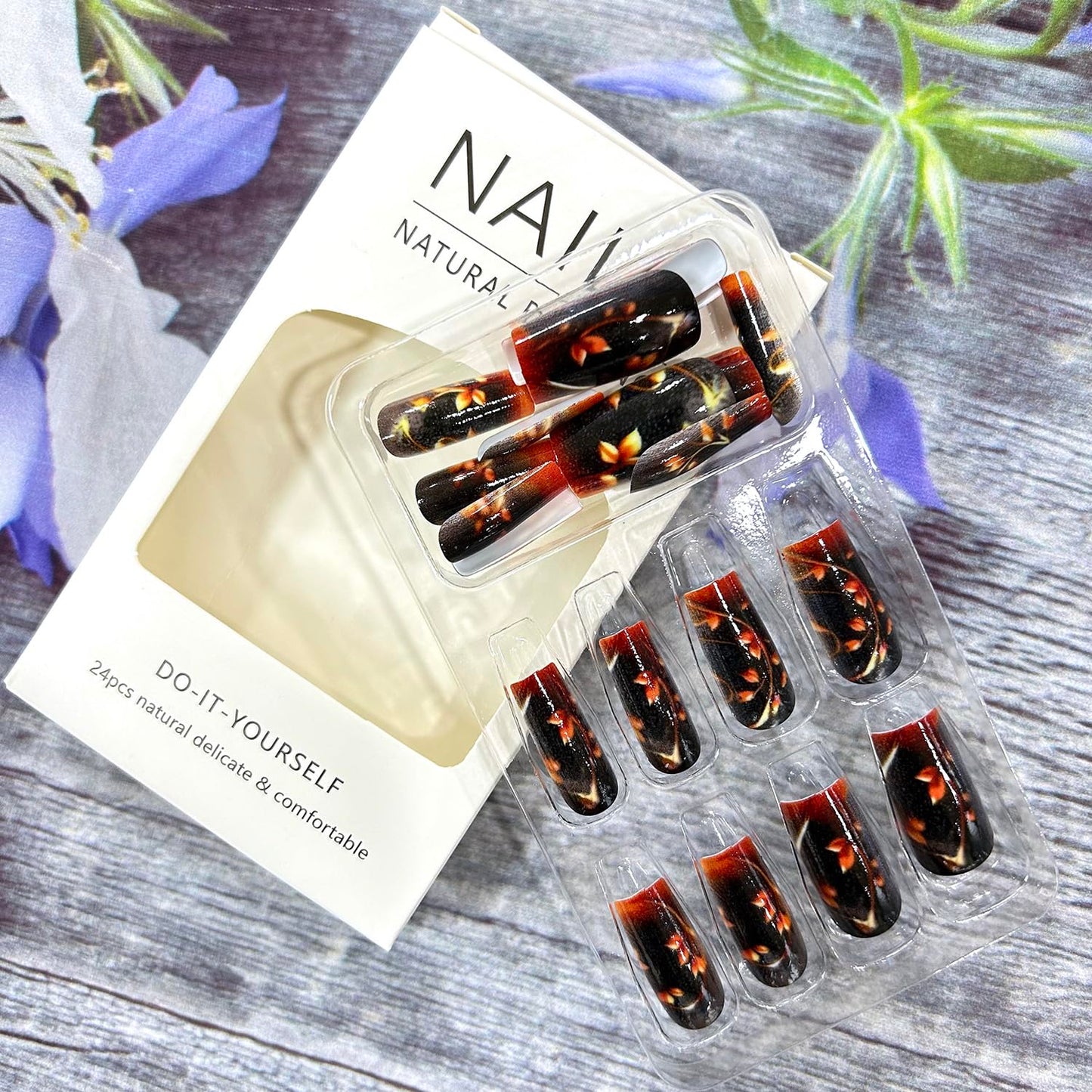 Flower Press on Nails Medium Square Nails Brown Floral Pattern Design False Nails Full Cover Glossy Stick on Nails Artificial Acrylic Nails Glitter Nails 24Pcs Reusable Glue on Nails for Women