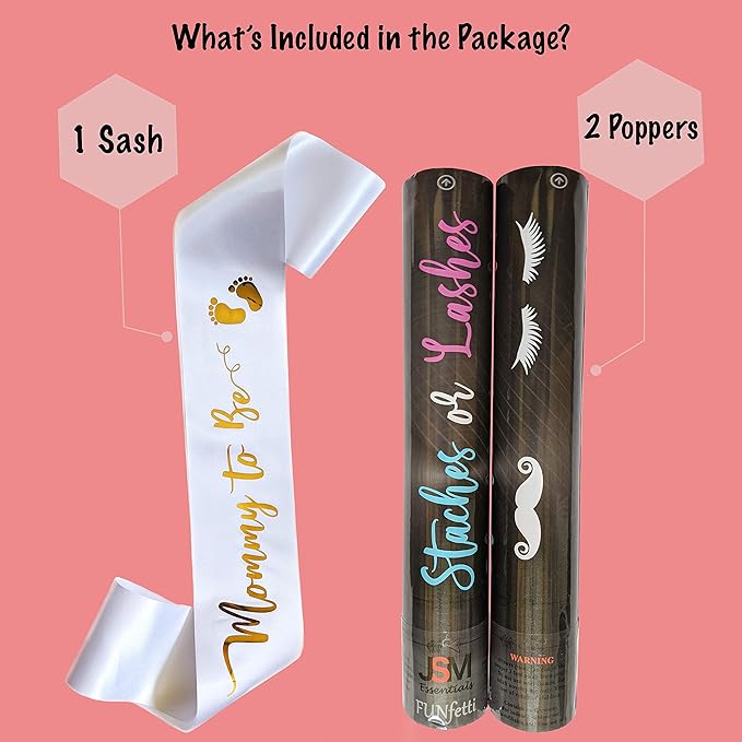 Gender Reveal Confetti and Powder Popper for Themed Baby Boy or Girl Gender Reveal Party and Celebration (Staches Or Lashes, What Will You Be?) Set of 2 Poppers. (Pink Confetti & Powder, Set of 2)