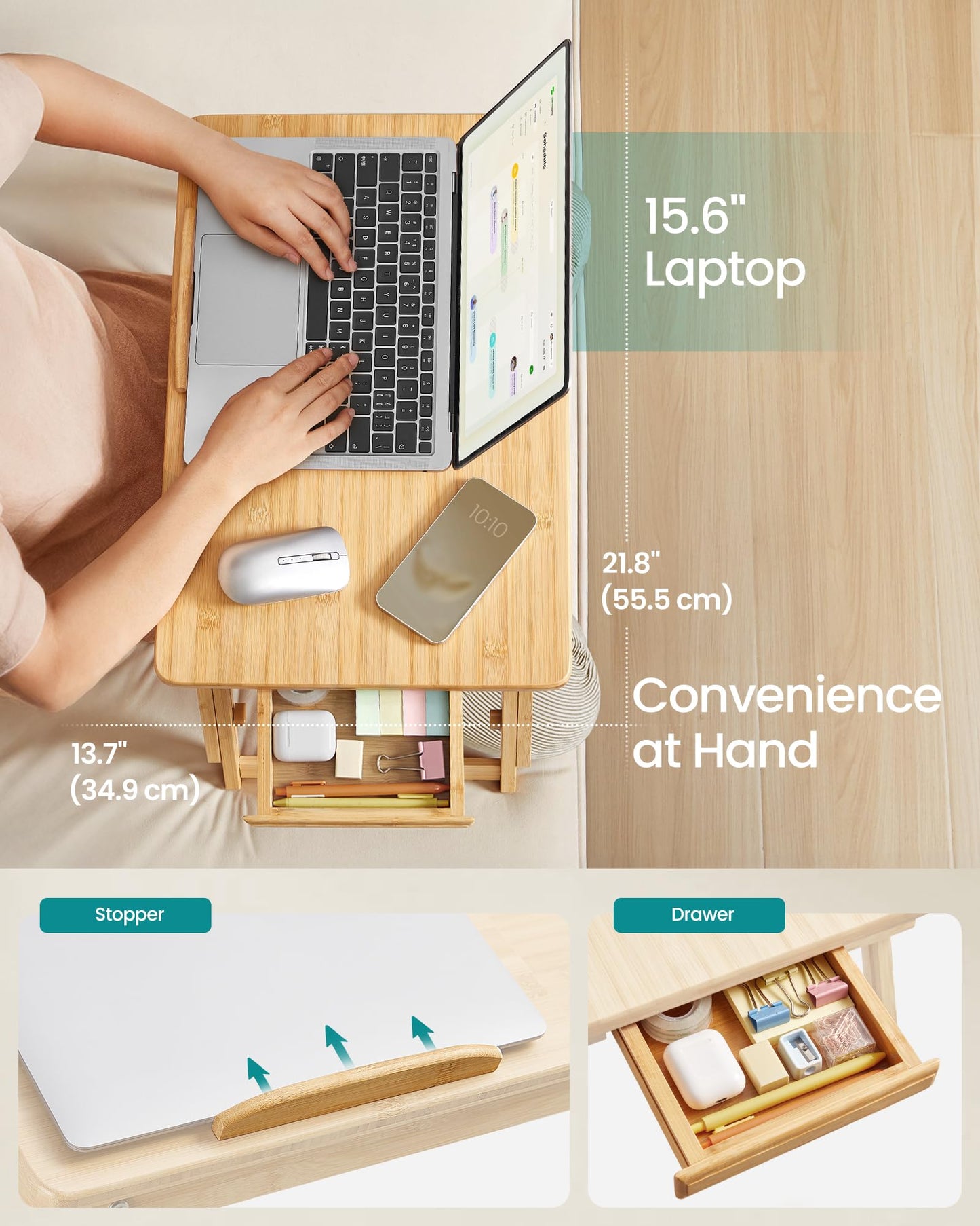 SONGMICS Bed Laptop Desk, Folding Bed Tray for Laptop up to 15.6 Inches, Adjustable Angle and Height, Portable for Working Reading Writing Breakfast, Bamboo, Drawer, Light Bamboo ULLD01N