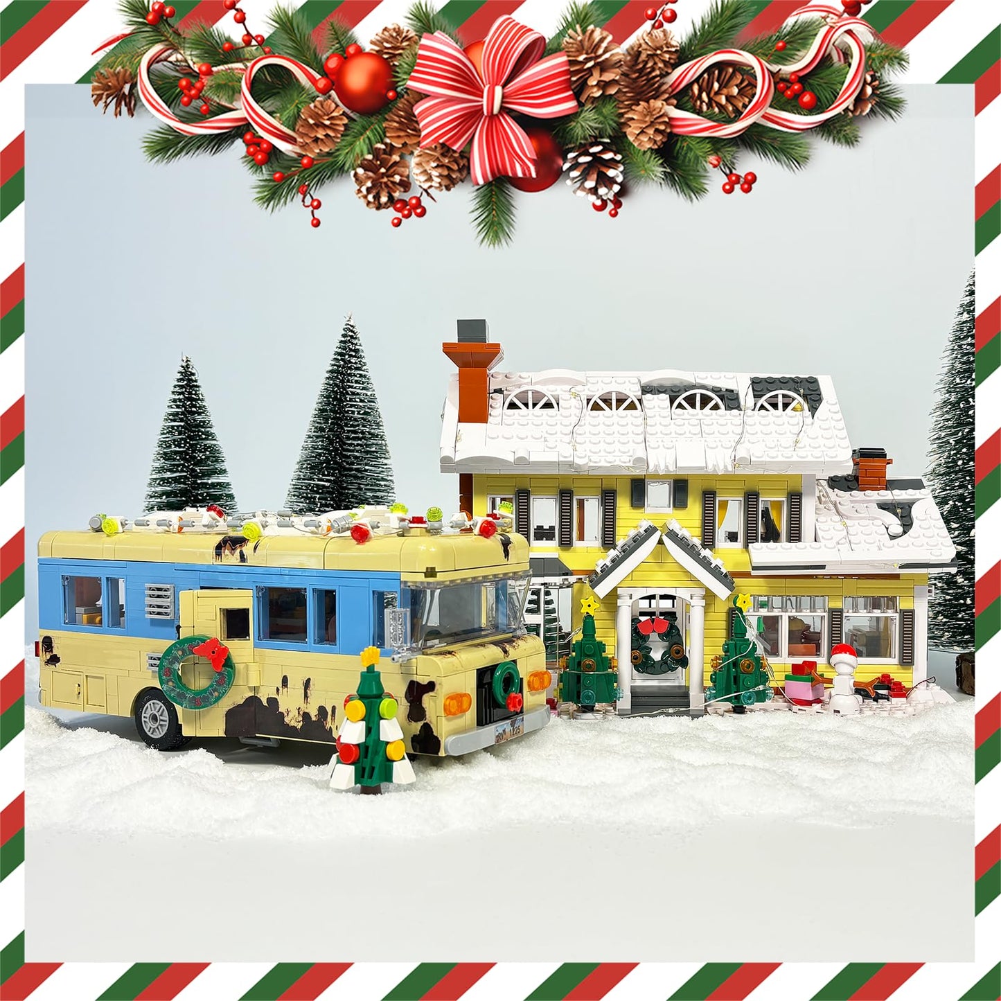 Snow Village & RV Building Set with LED Lights, 2 in 1 Christmas Vacation Holiday House and RV Gift (1726PCS)