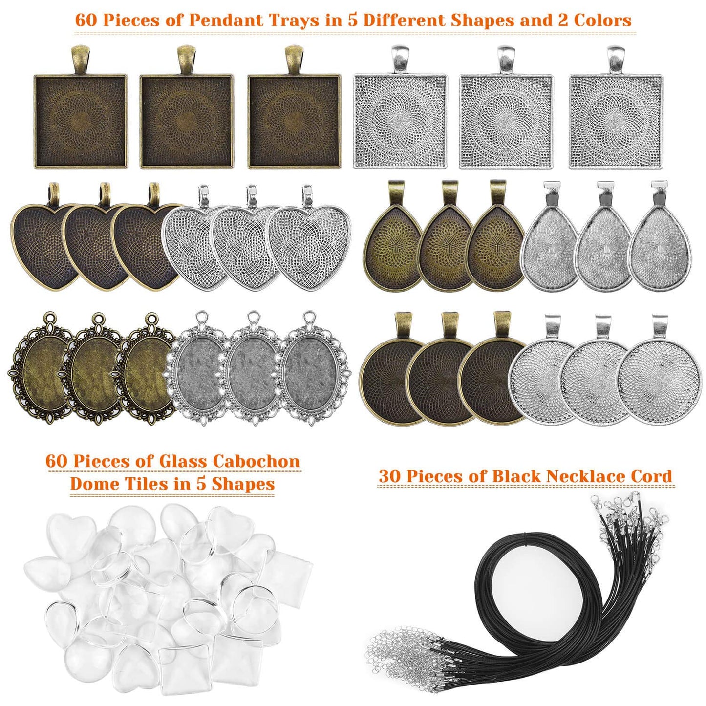 Aenezus Pendant Trays Set with Glass Cabochons for Jewelry Making - 90pcs, Includes 30pcs Bezel Pendants, 30 Glass Cabochons, 30 Necklace Cords