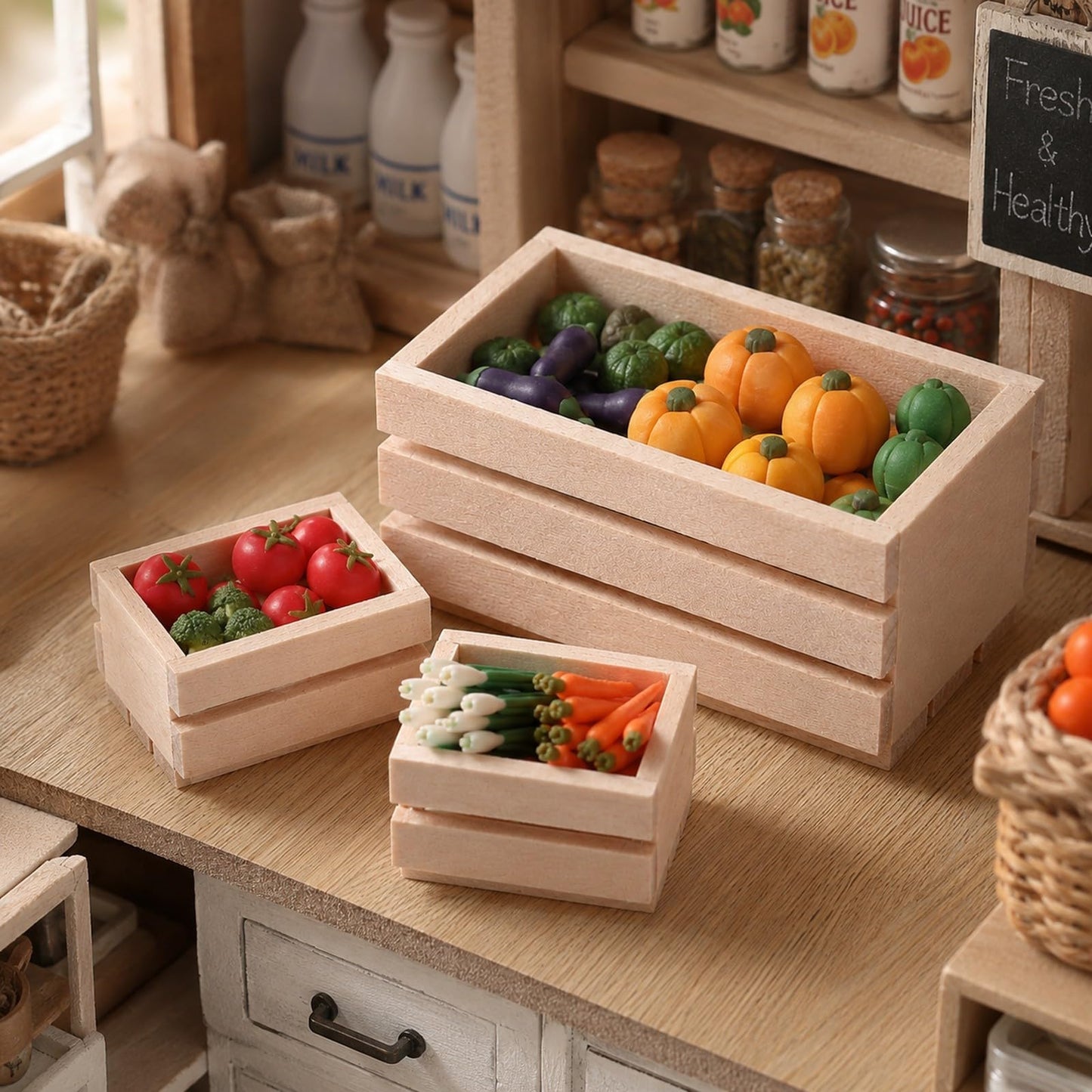 LOGOFUN 3pcs Dollhouse Mini Storage Basket Miniature Wooden Milk Crate 1/12 Tiny Fruit Baskets Model for Dollhouse Accessory - 1.2 * 0.9 & 1.9 * 1.6inch