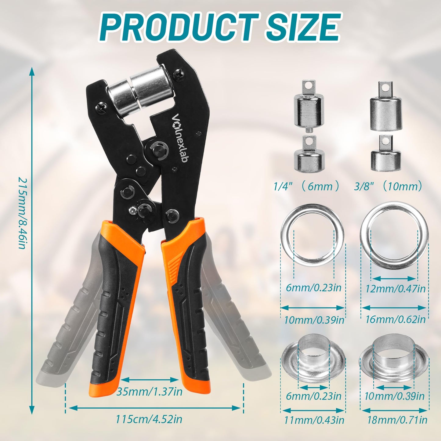 VOLNEXLAB Grommet Tool Kit, 1/4" and 3/8" Eyelet Pliers Set with 400 Silver Metal Grommets, Handheld Grommet Setter Kit for Canvas, Banner, Tarps, Tents, Vinyl, Leather and DIY Crafts