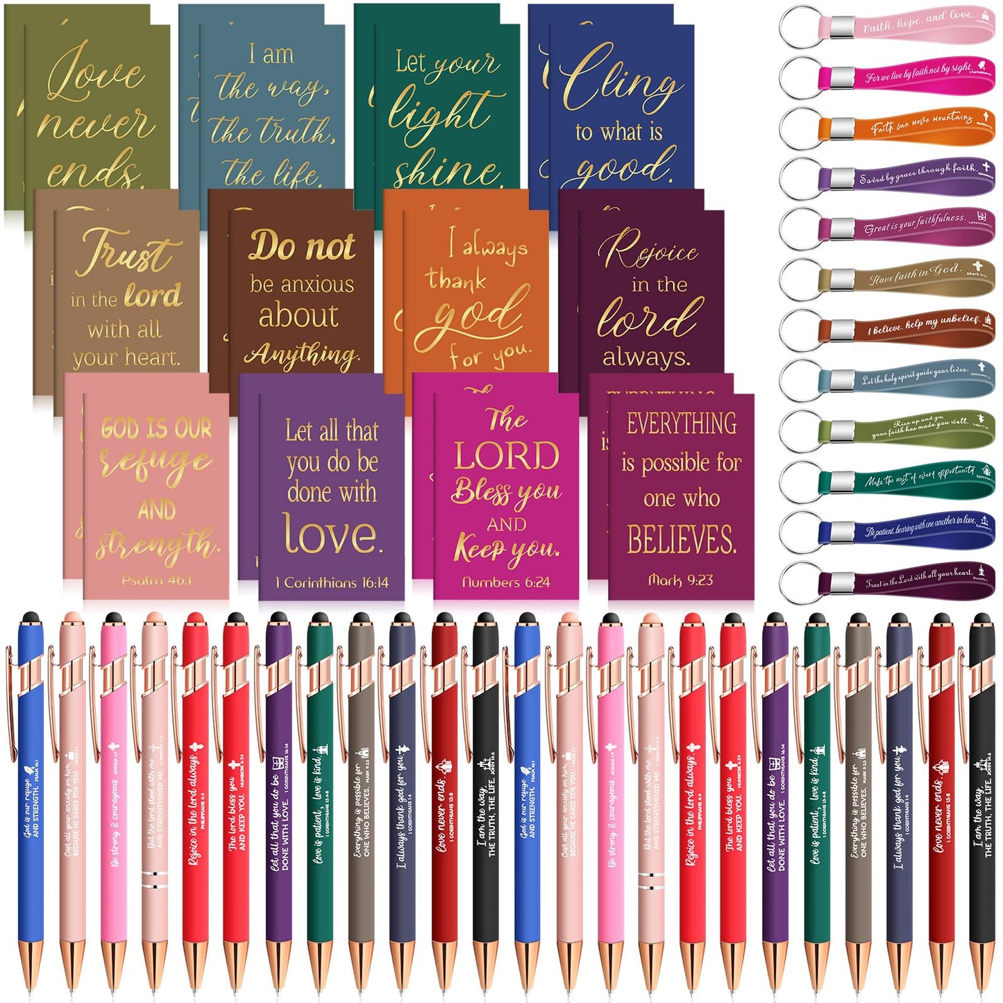 Estune 72 Pcs Christian Bible Gifts Set Bulk Religious Scripture Notebooks Scripture Quote Inspirational Ballpoint Pens Verse Keychain Christmas Inspirational Bible Gifts for Office (Religion)