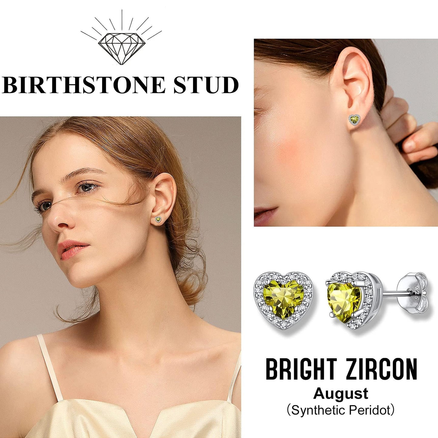Bestyle 925 Sterling Silver Infinite Birthstone Heart Stud August Peridot Birthstone Earrings, Dainty Love Statement Stud Earrings, Birthday/Valentines/Christmas Gift for Women/