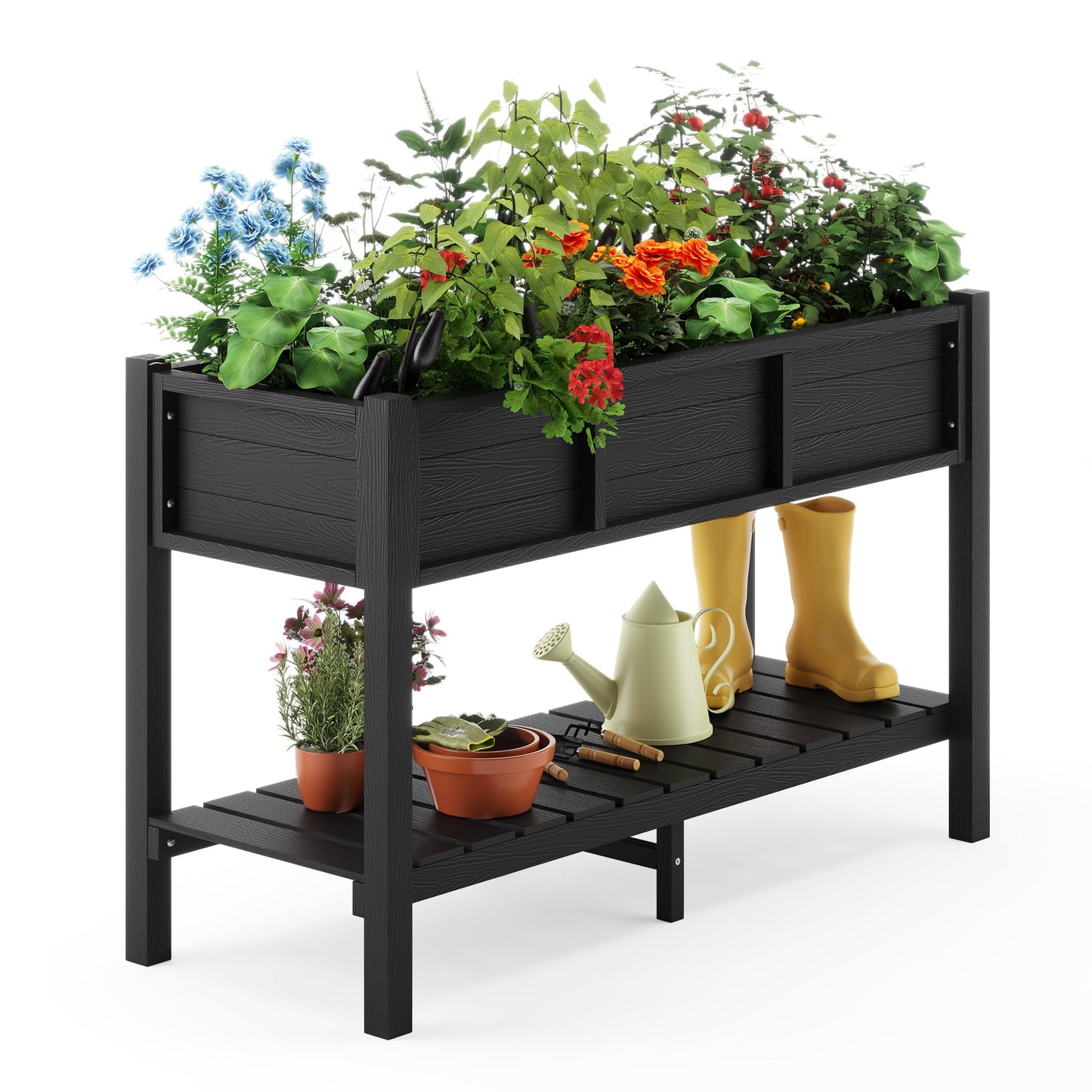 LUE BONA Raised Garden Bed with Tools, 45*18*29 in, Poly Elevated Planter Box with Legs And Storage Shelf, Weather Resistant, 3-Year Warranty, Standing Growing Bed Herb Planter for Vegetable, Black