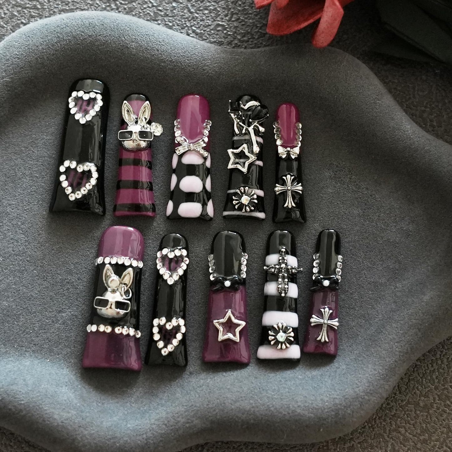 Tesytto Metallic Gothic Press on Nails Extra Long Duck - Black Purple Hot Pink with 3D Metal Cross, Star, Heart, Bow, Rabbit Charms for Parties (Dark Romance, S)