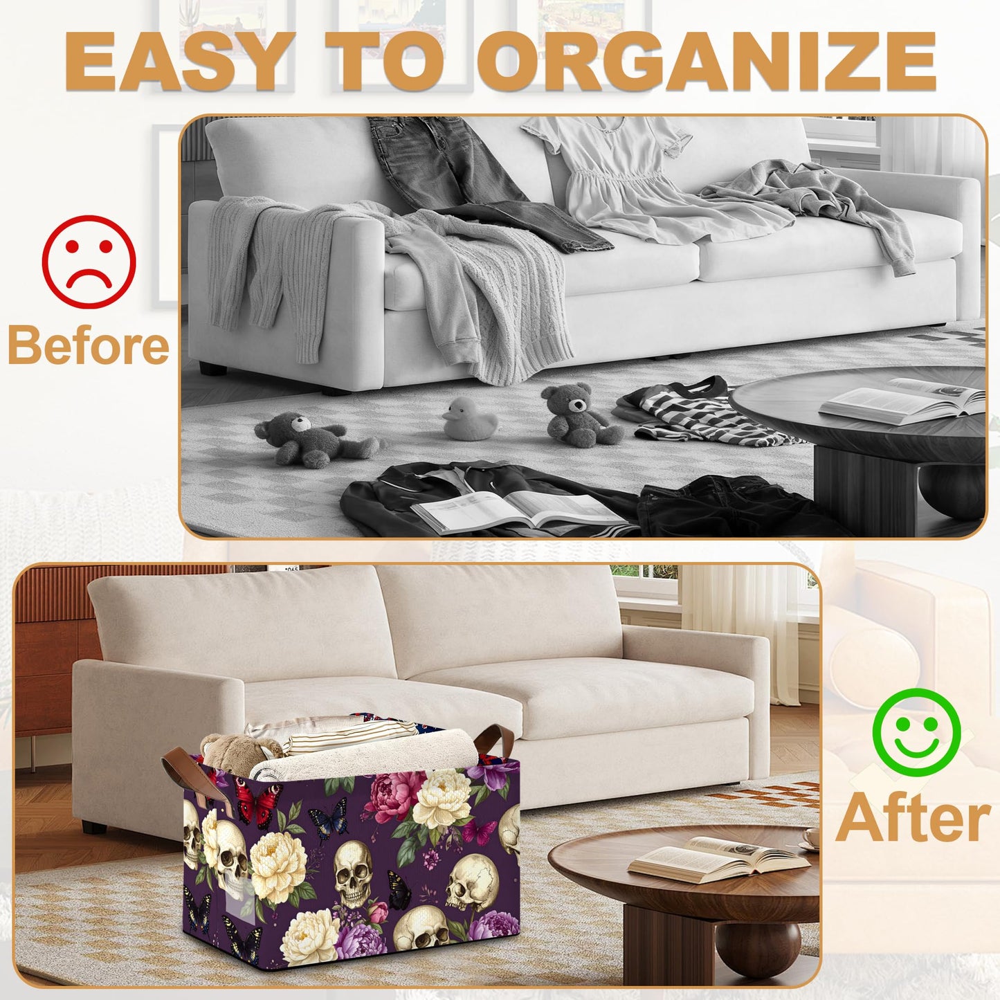 Oeaskly Storage Bins with Handles, Oxford Cloth Storage Basket with Sturdy Frame, Purple Flower Skeleton Collapsible Organizer for Closet, Shelf, Clothes, Towels, Home Storage
