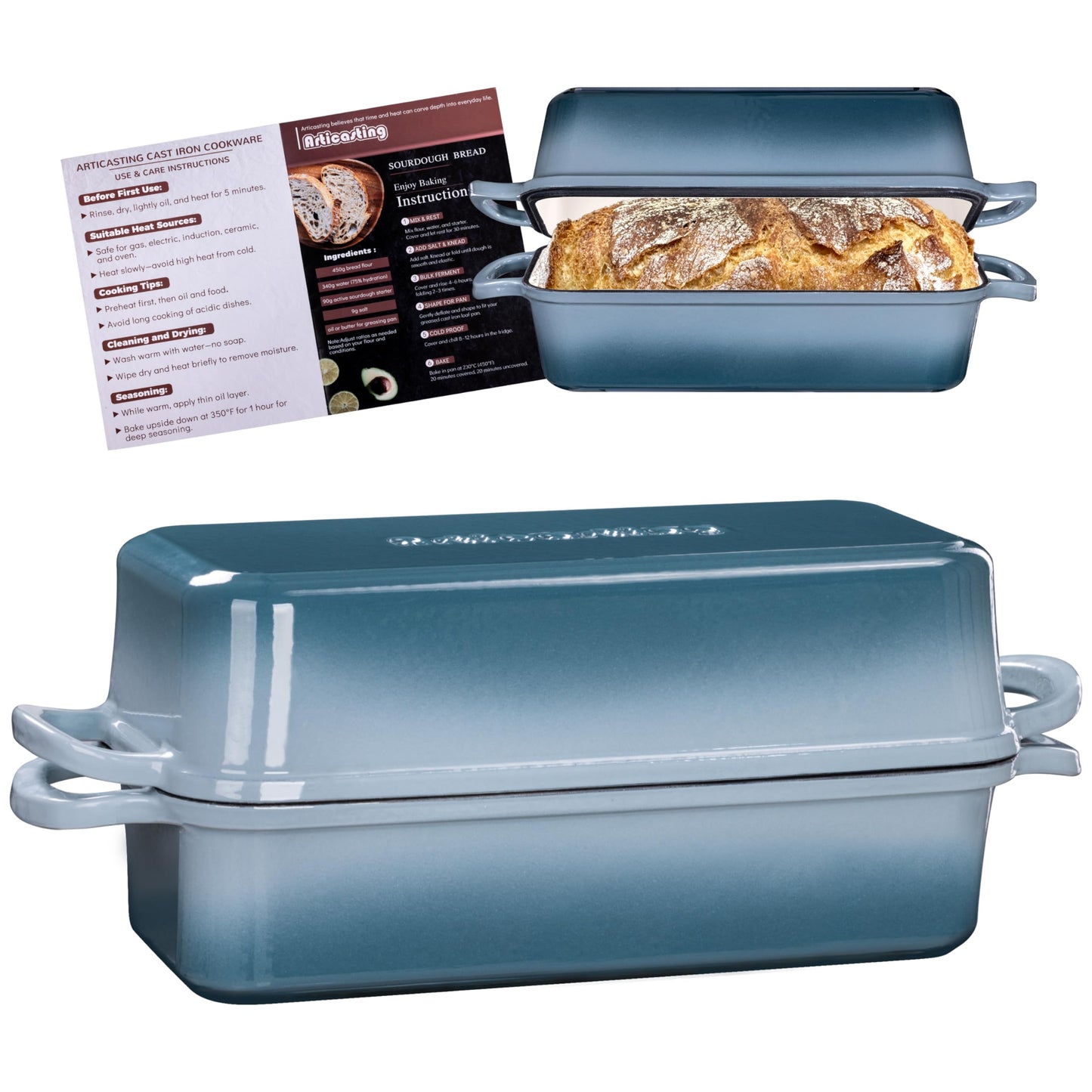 Articasting 11x5 Inch Cast Iron Loaf Pan With Lid, 5.8 Qt Large Loaf Pans for Sourdough Bread Baking, Heavy Duty Dutch Oven Bread Pan For a Crispy Crust, Seasalt