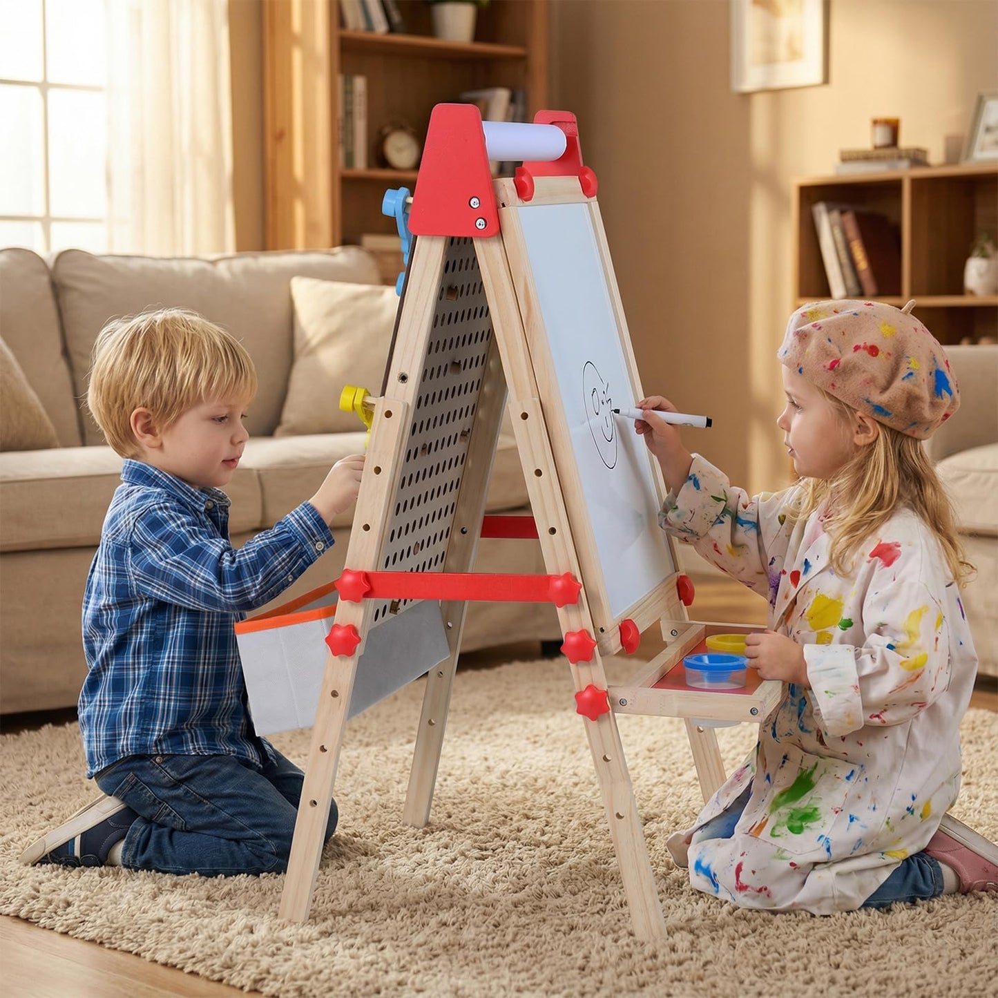 OLAKIDS 4 in 1 Easel for Kids with Marble Run, Magnetic Whiteboard, Chalkboard, Drawing Paper Roll, 6-Level Adjustable Height for Toddlers Ages 3-10