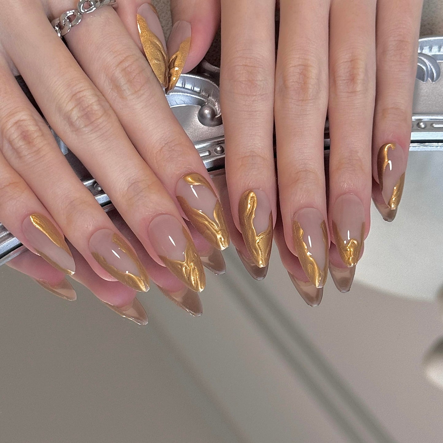 24 Pcs Almond Press on Nails Medium Gold Nails Press on 3D Stiletto Artificial Nails with Gold Swirl Design Stick on Nails Soft Gel Nail Tips for Young Girls