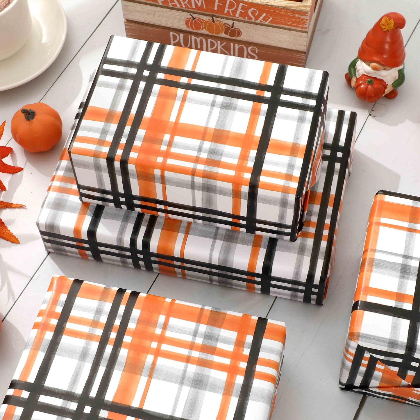 JarThenaAMCS Fall Plaid Wrapping Paper -Mini Roll- 17in x 32.8Ft Orange Black Checkered Gift Wrap Paper for Autumn Thanksgiving Party Wrapping Supplies