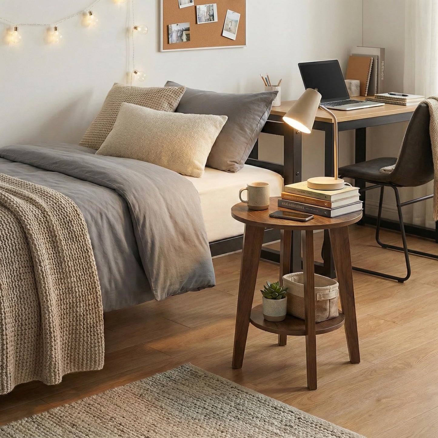 DURISEN Small Round Side Table - 17.7" Cute End Table with 2-Tier Storage - Waterproof Low Nightstand for Kids Room, Nursery, Small Spaces, Plant Stand & Bean Bag (Walnut)