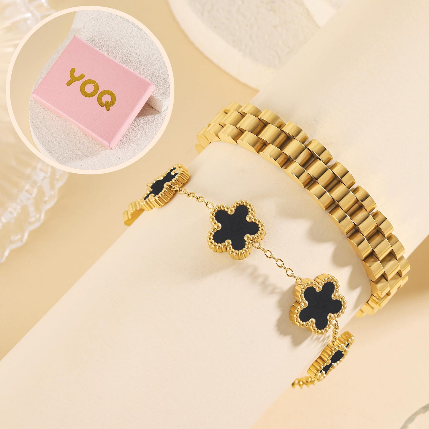 YOQ Stackable Four Leaf Clover Bracelets for Women, 18K Gold Plated Love Bangle Bracelets Set, 2 Pcs Charm Jewelry Gifts (Black 2Pcs-W)