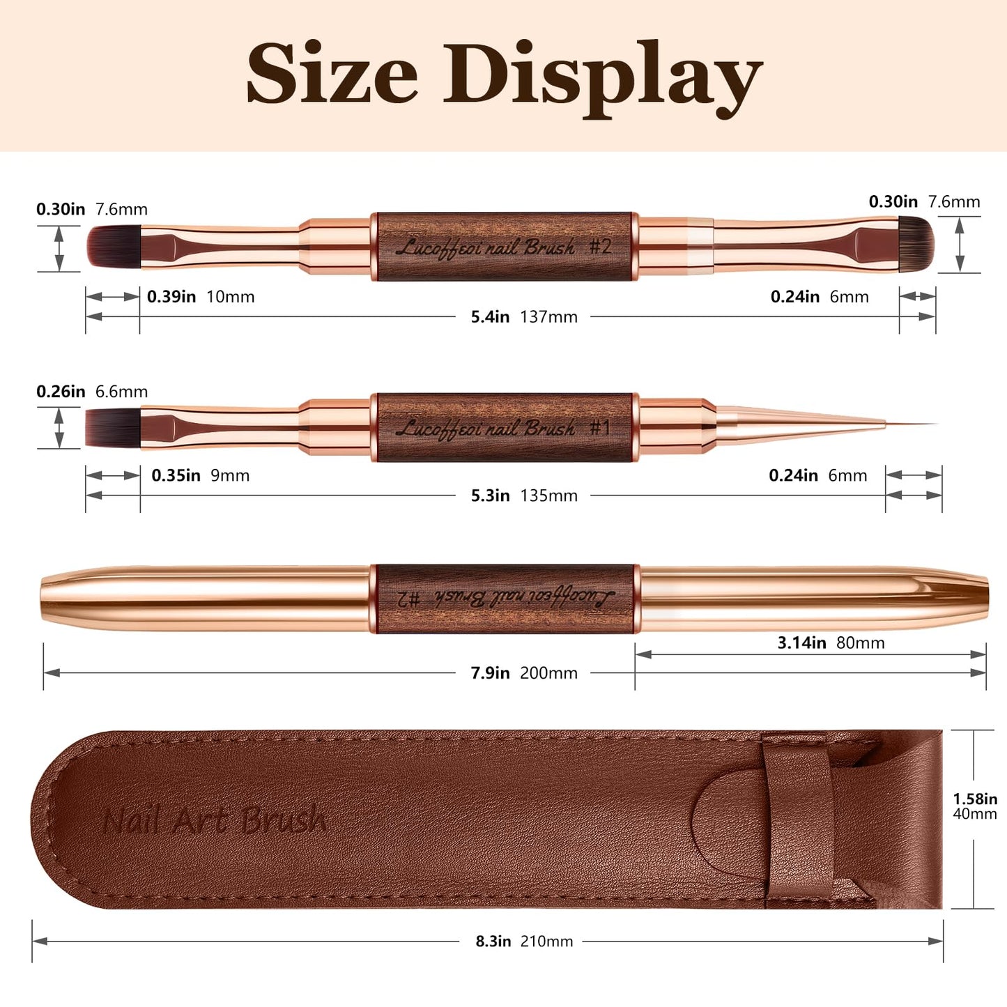 Nail Brushes Set for Builder Gel & Polygel, 2-Pack Double-Ended with Wooden Handles & Pouch (Round + Square, French tip + Liner)