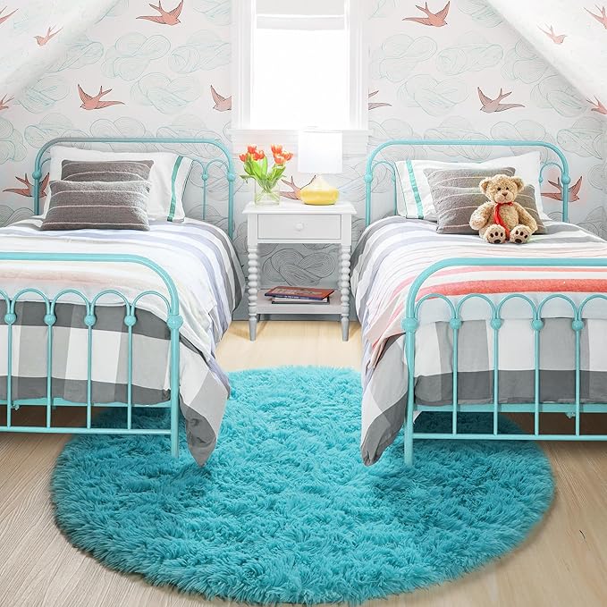 Amdrebio Blue Soft Round Rugs 4Ft for Kids Bedroom, Fluffy Circle Area Rugs for Teen Girls Boys, Cute Play Room Decor Aesthetic, Plush Shaggy Fuzzy Carpet for Nursery Classroom Preppy Dorm Playroom