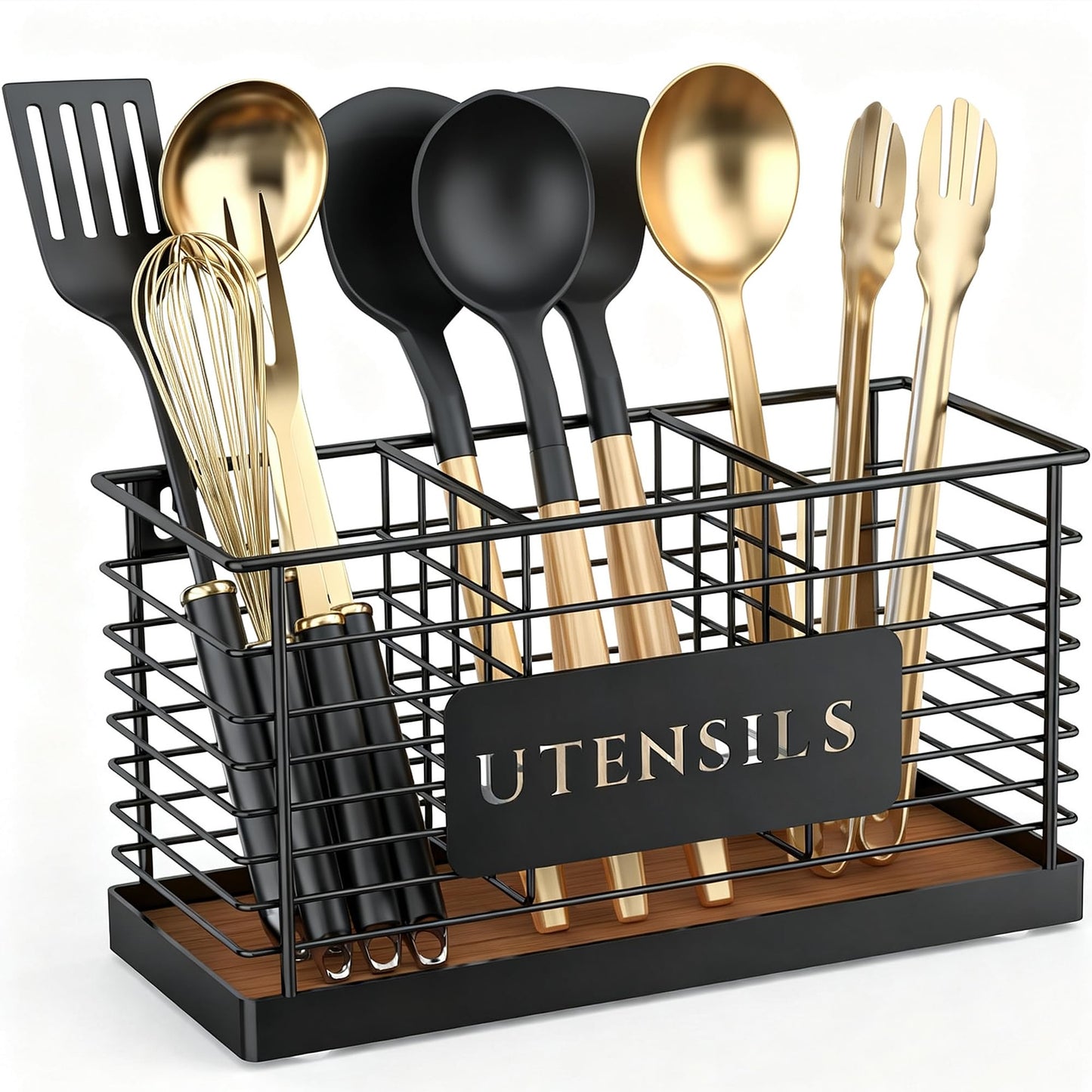 THYGIFTREE Utensil Holder for Kitchen Counter Large Black Metal Cooking Utensil Organizer 3 Compartments for Countertop Kitchen Tool Spatula Holder Wood Base