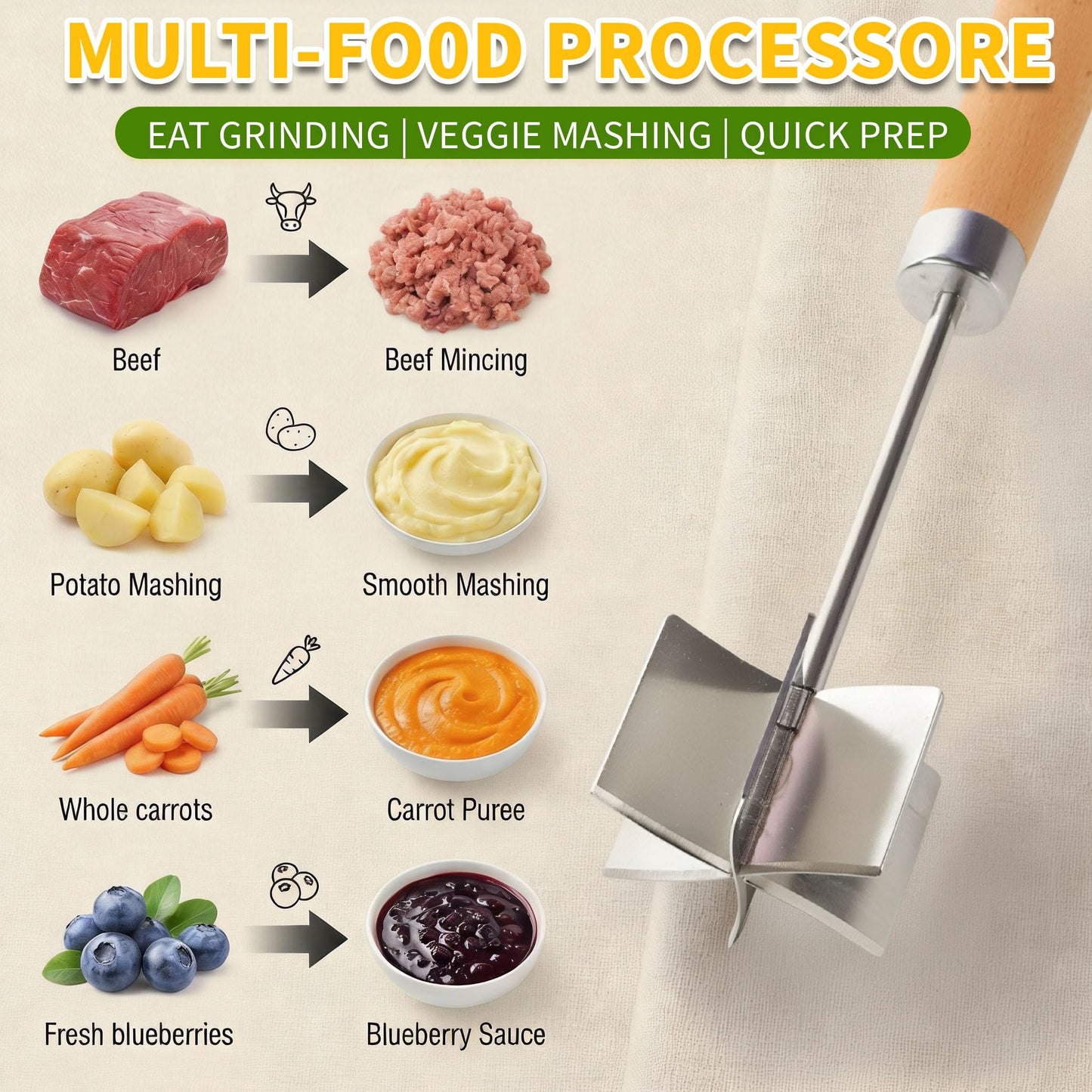 304 Stainless Steel Meat Chopper Meat Masher, 6 Curved Blades 10.5 Inch Ground Beef Chopper Tool, Hamburger Smasher, Potato Masher Durable Multi-Purpose Kitchen Tool