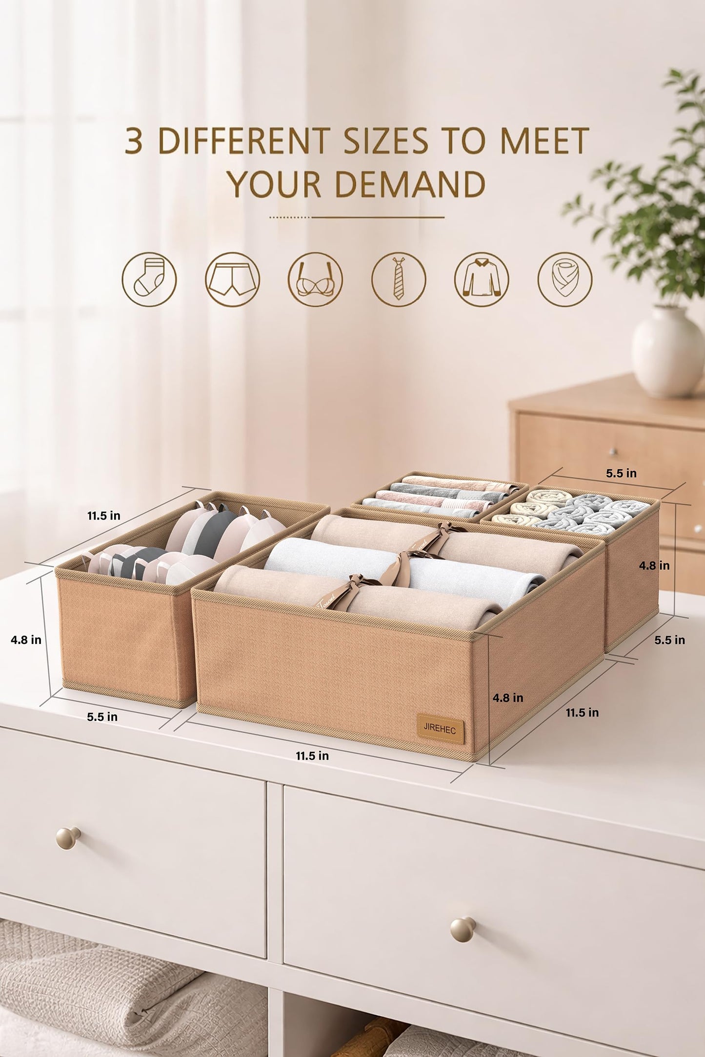 Clothes Organizer, Transform Your Drawers in Seconds - Cream Set of 6 Foldable Storage Boxes with Zipper, Durable 600D Fabric, Includes Fragrance Sachets, Ideal for Underwear, Socks, Baby Clothes