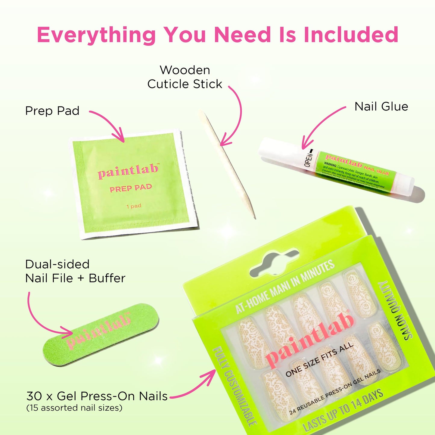 PaintLab Press On Nails - Beige Lace Coffin Fake Nails, 30 Nails in 15 Sizes with Glue, Reusable Salon Quality Press On Nails