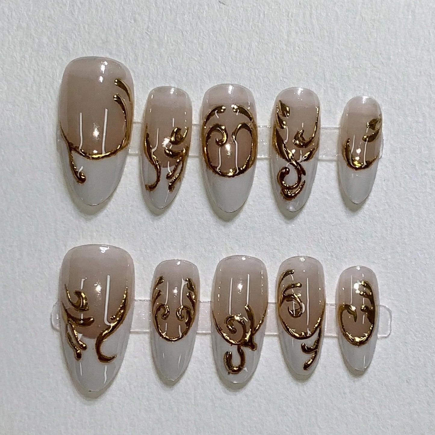 IMRAIN Handmade Press on Nails - Gold Chrome French Tip Abstract Lines - 10Pcs Almond Shape Old Money Aesthetic Modern Metallic Nails(m)