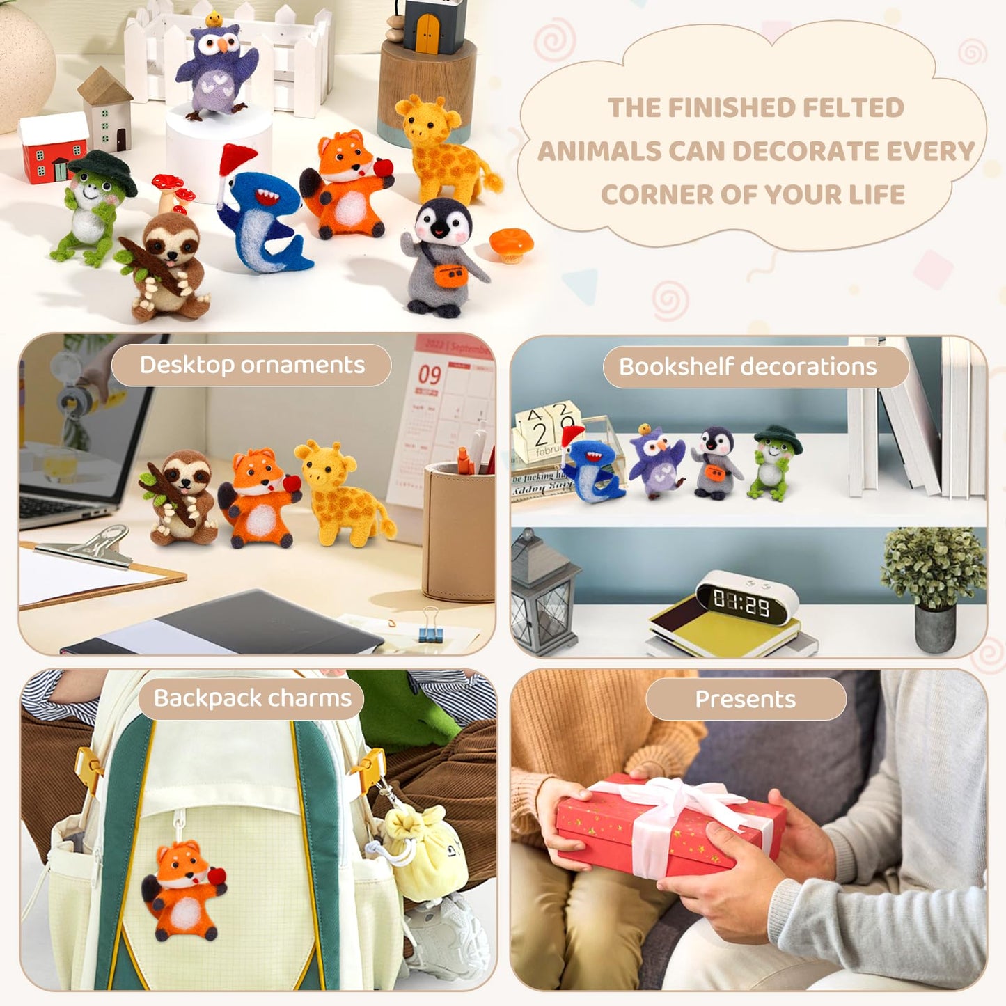 OEHPICC Needle Felting Starter Kit, 7 Cute Buddy Wool Felting Kit, Animal Felt Kit for Beginner Adults with Felting Needles and Instructions for DIY Felting