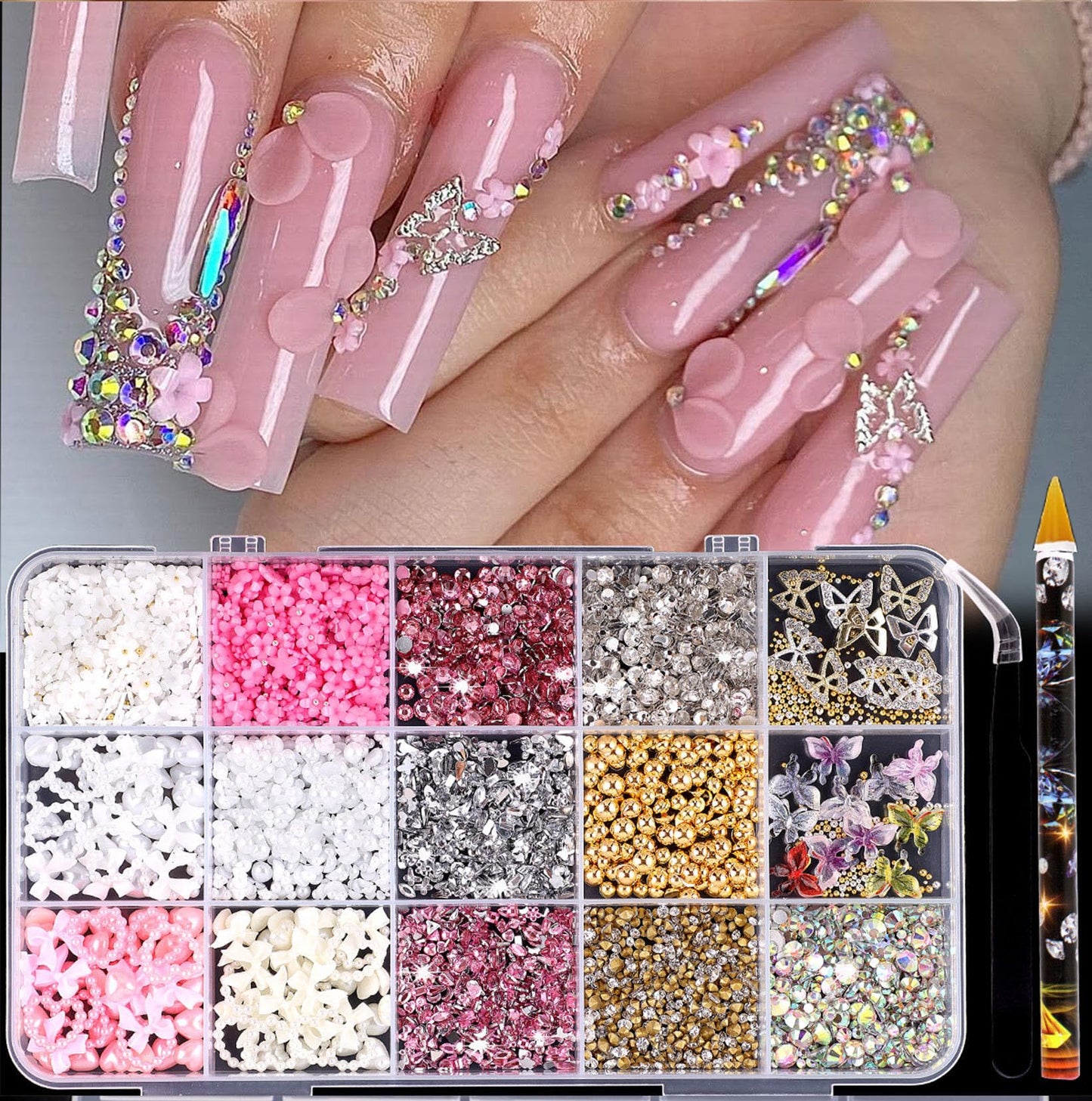 Chunmeng 10000 Nail Spells and Gem Set, Pink Cute Bow, 3D Flowers, Gold Butterfly Pendant - Nail Art Water Diamond, Pearl, Diamond Gem, Comes with DIY Nail Tools