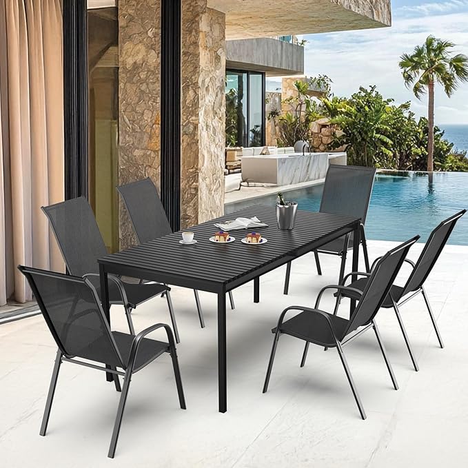 VINGLI Patio Chairs Set of 4 – Stackable Outdoor Dining Chairs with Comfortable Sling High Back Chairs and Armrests for Lawn, Poolside, Courtyard, Balcony, Garden, Black