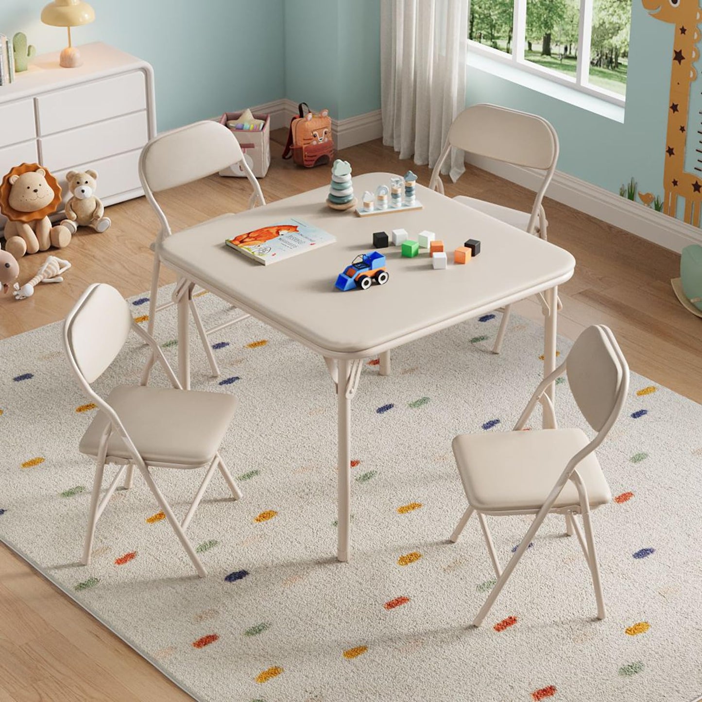 IDEALHOUSE 5 Piece Boys Girls Folding Table and Chairs Set, Activity Table and Chairs Set for Dining Room,Daycare,Classrooms