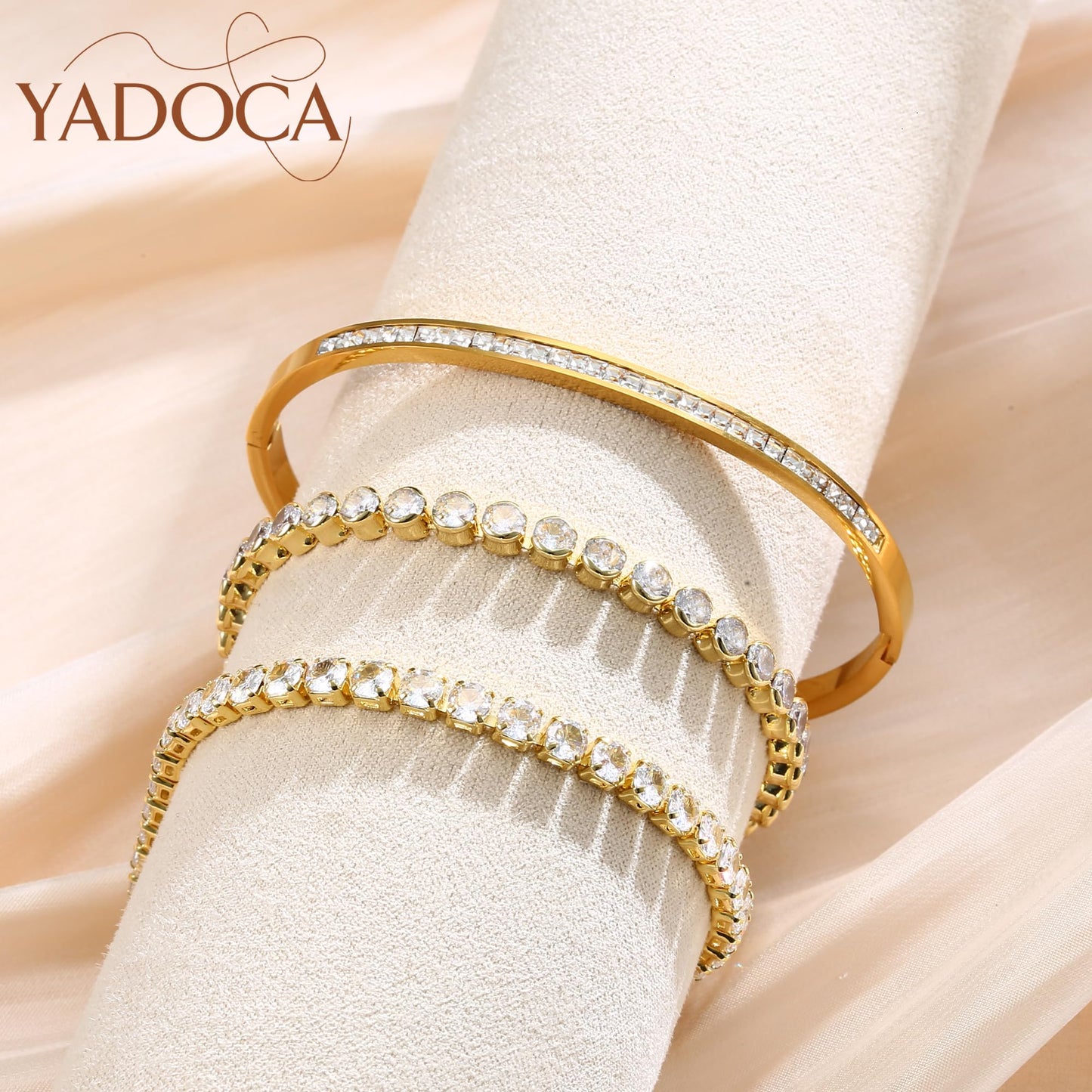 YADOCA Tennis Bracelets for Women Gold Bangle Bracelet Set 18K Gold Plated Stackable Cubic Zirconia CZ Diamond Bracelets Stack Wedding Bracelets for Brides Dainty Jewelry Gift Sizes 6.5-7.5 Inch 3Pcs