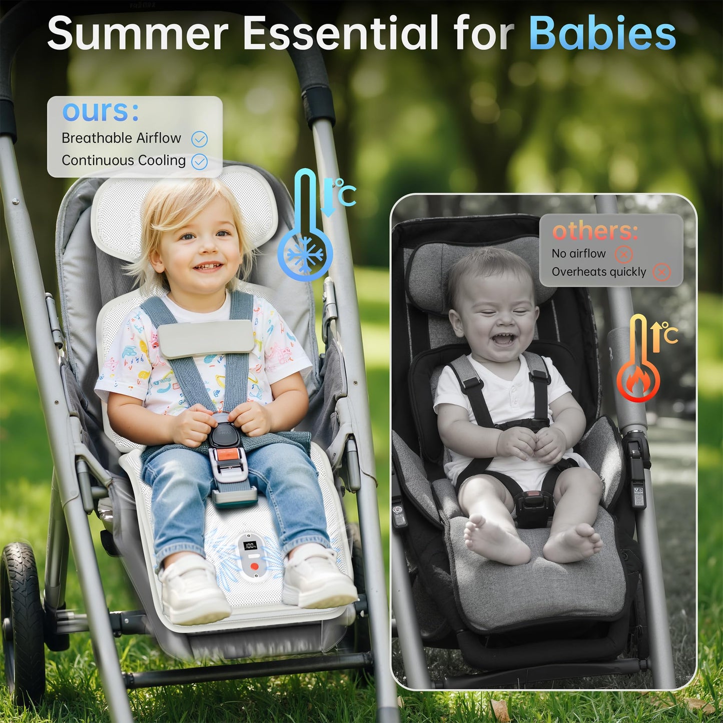 PANERGY Baby Stroller Cooling Pad, 3D Breathable Carseat Cooling Pad with 2 Built-in Blower, Max 10H Ventilation 3 Speeds 10000mAh Rechargeable Cooling Mat Liner for Toddler Baby Summer Essentials