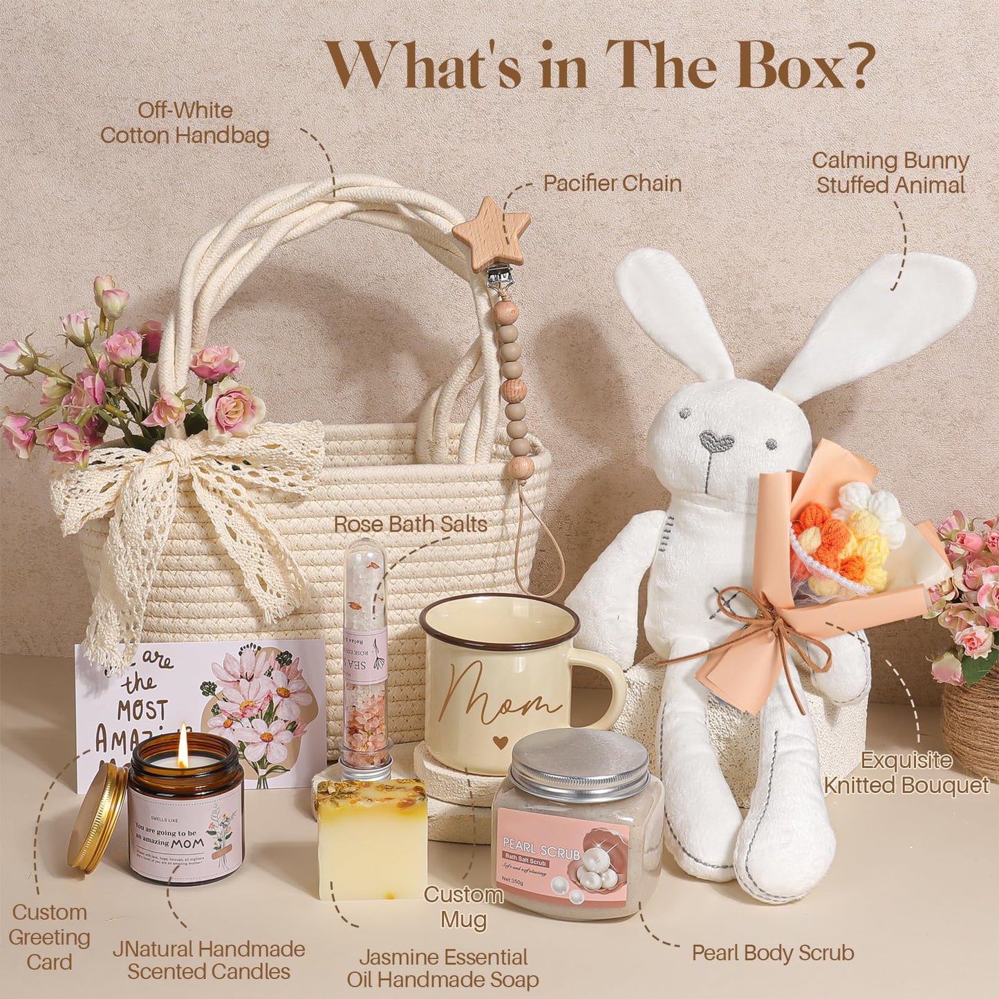 New Mom Gift Basket | New Mom Care Package with Tote Bag, Mug | Spa & Relaxation Set with Rose Bath Salt, Scrub, Handmade Soap & Card – Thoughtful Postpartum Gift for Mommy