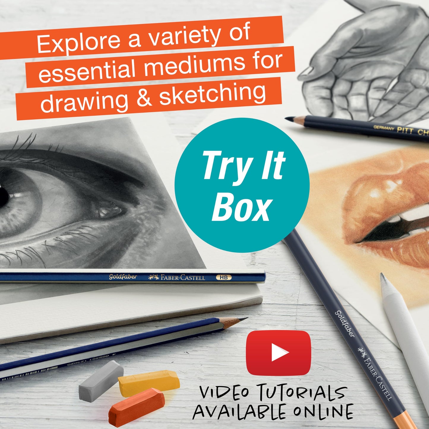 Faber-Castell Try It Box: Monochrome, 27 Piece Drawing Art Kit featuring Colored Pencils, Graphite, and Charcoal Pencils, Professional Art Supplies for Adults, Teens, and Beginners