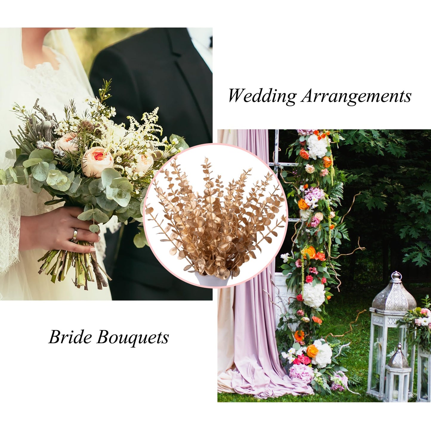 FEQO 36 Pcs Gold Eucalyptus Stems Artificial Leaves Faux Eucalyptus Stems Branches 15 inch for Wedding Bouquet Home Decor