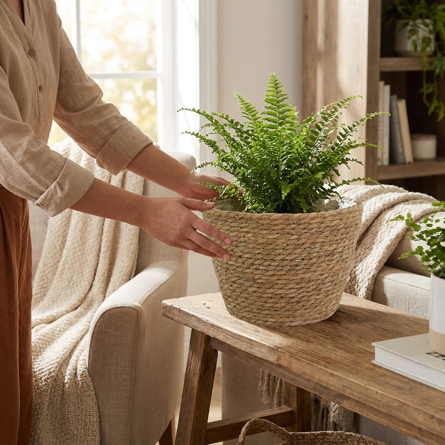 PEDOBALI 5 Pcs Large Premium Seagrass Planter Basket 10.2x7.5x7 Stylish Planter Baskets Woven Wicker Baskets with Plastic Lining for Indoor Outdoor Flower Plants Pots Cover Room Decor