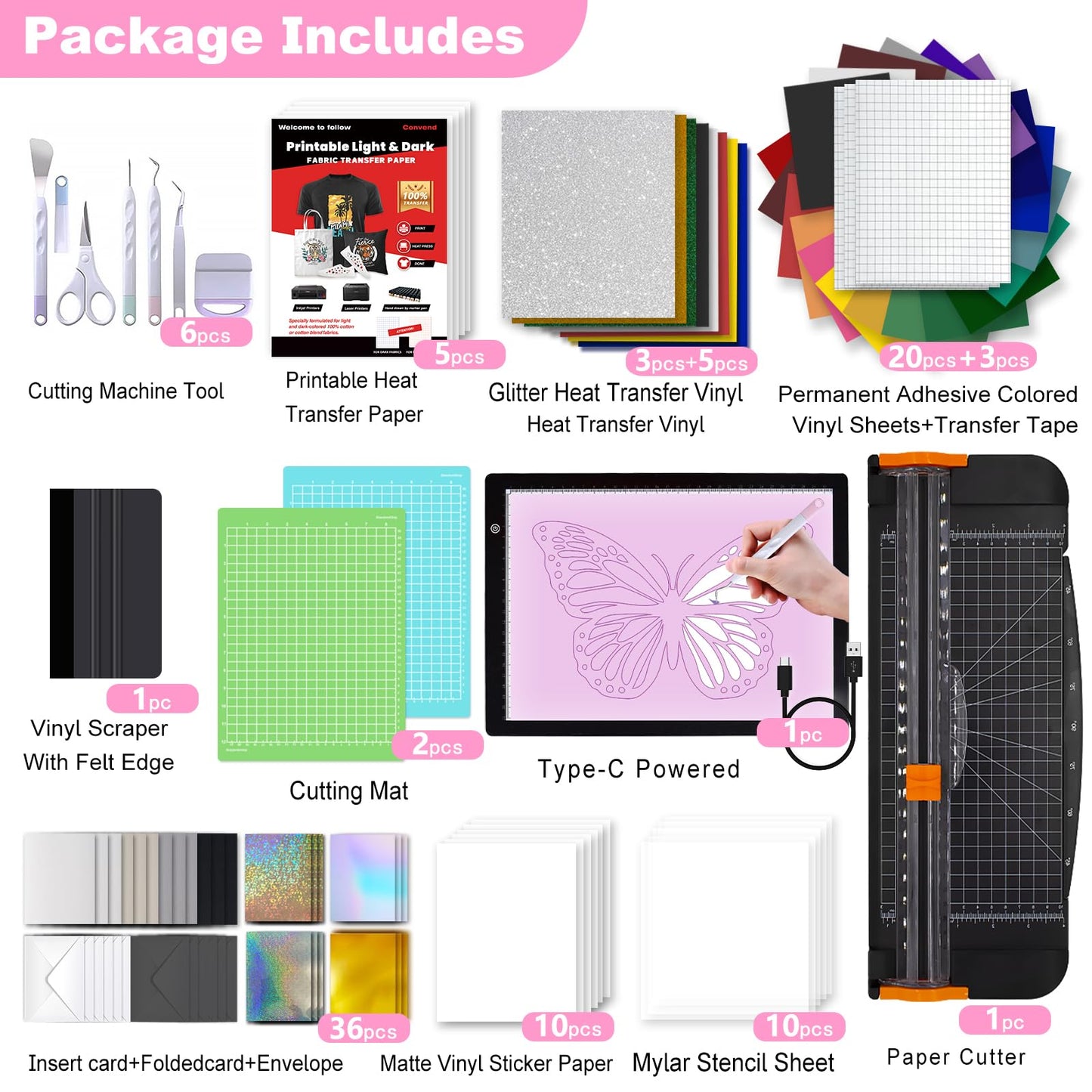 Convend The All-in-One Accessories and Supplies Bundle for Xtra-103Pcs Starter Kit with Weeding Tools, HTVs, Permanent Vinyl, Transfer Paper, LED Light Pad, Paper Cutter for Crafting Projects