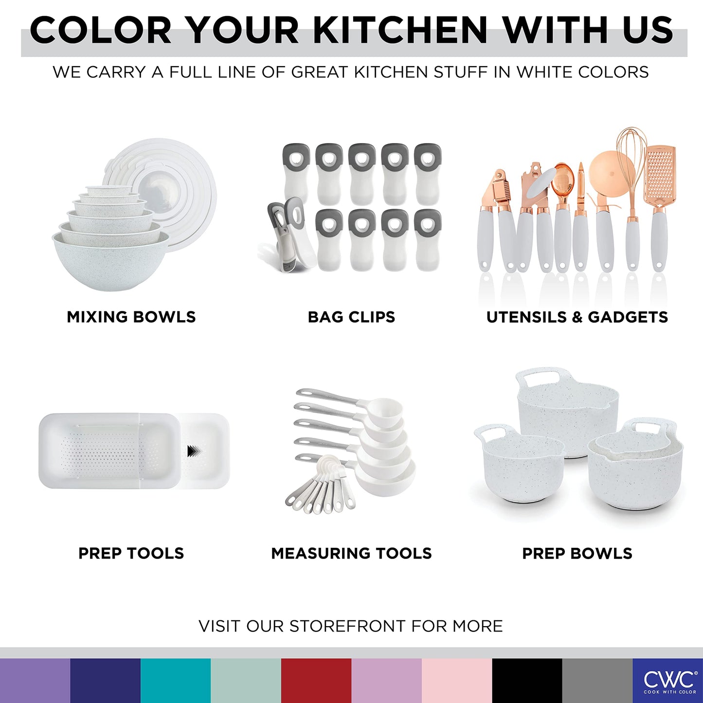 COOK WITH COLOR Kitchen Gadget Set Stainless Steel Utensils with Soft Touch Handles, 7 Pieces, Stainless Steel White