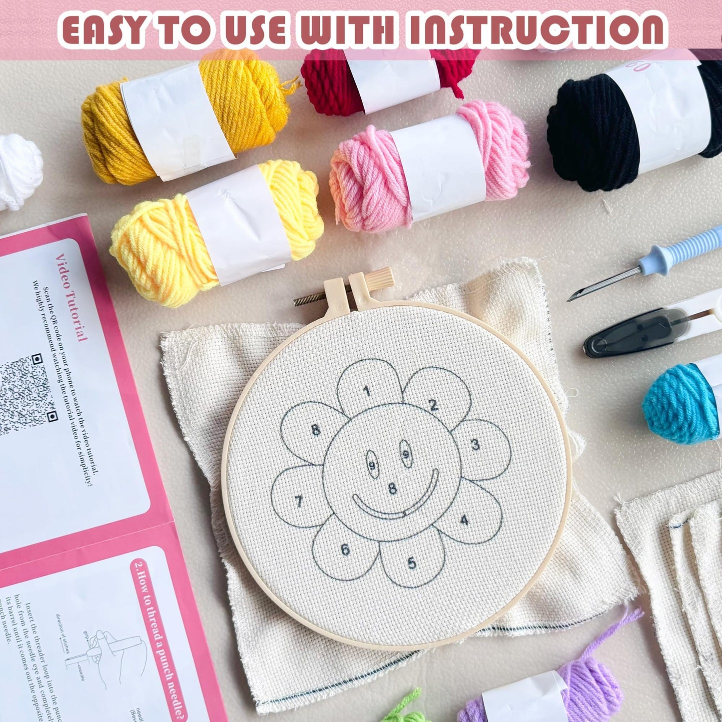 SEREDH Punch Needle Coasters Kit for Beginners Adults Easy Needle Punch Embroidery Kit Set Threader Instruction Fabric Hoop Yarn Tufting Coaster DIY Making,Coaster Holder Coaster Art Craft Supplies
