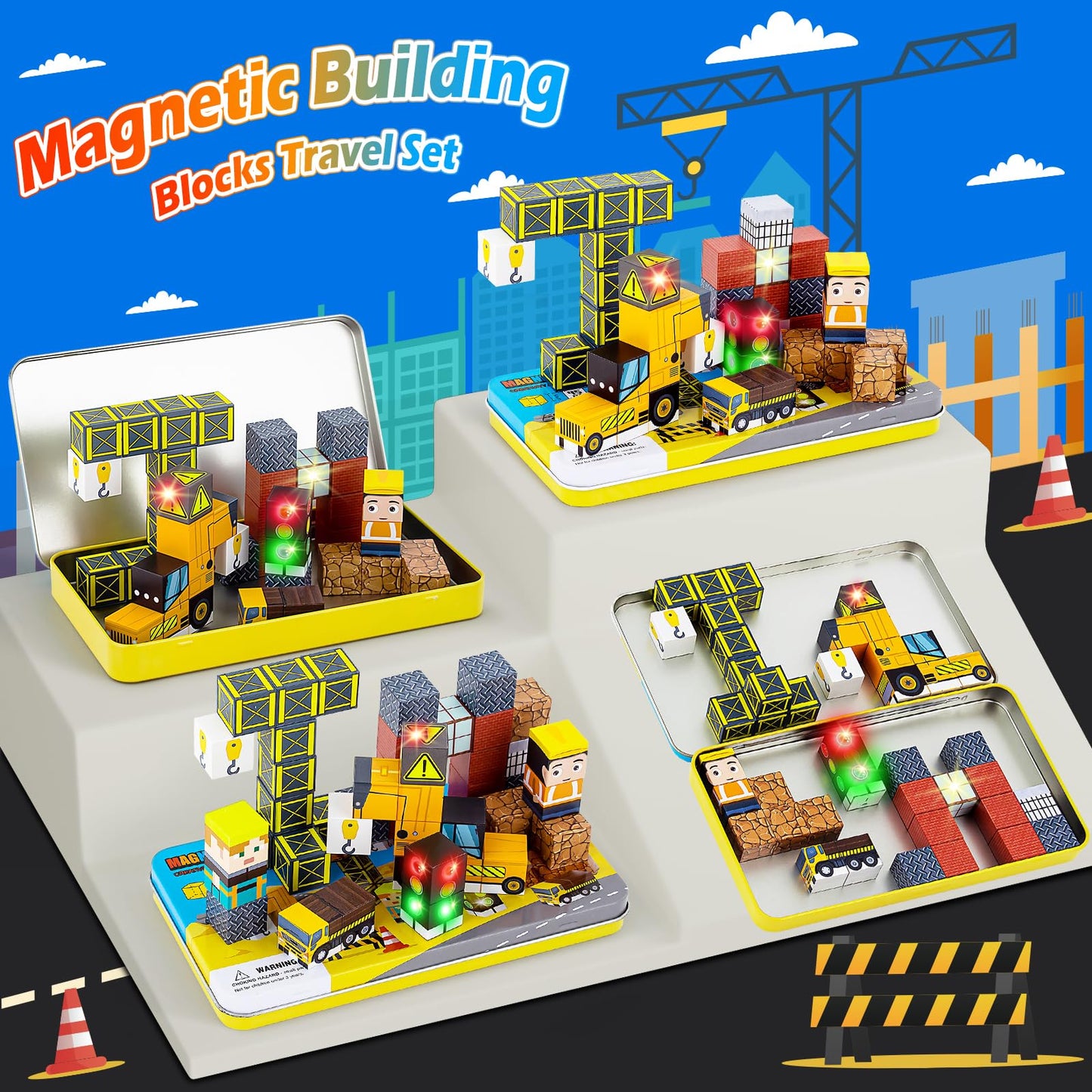 Tyholoo 45PCS Magnetic Blocks Travel Toys for Kids with Portable Iron Box, Mini Magnetic Cubes Outdoor Toys for Airplane & Car Ride STEM Learning Gift Idea for Ages 3+ Gift（ Construction Theme）