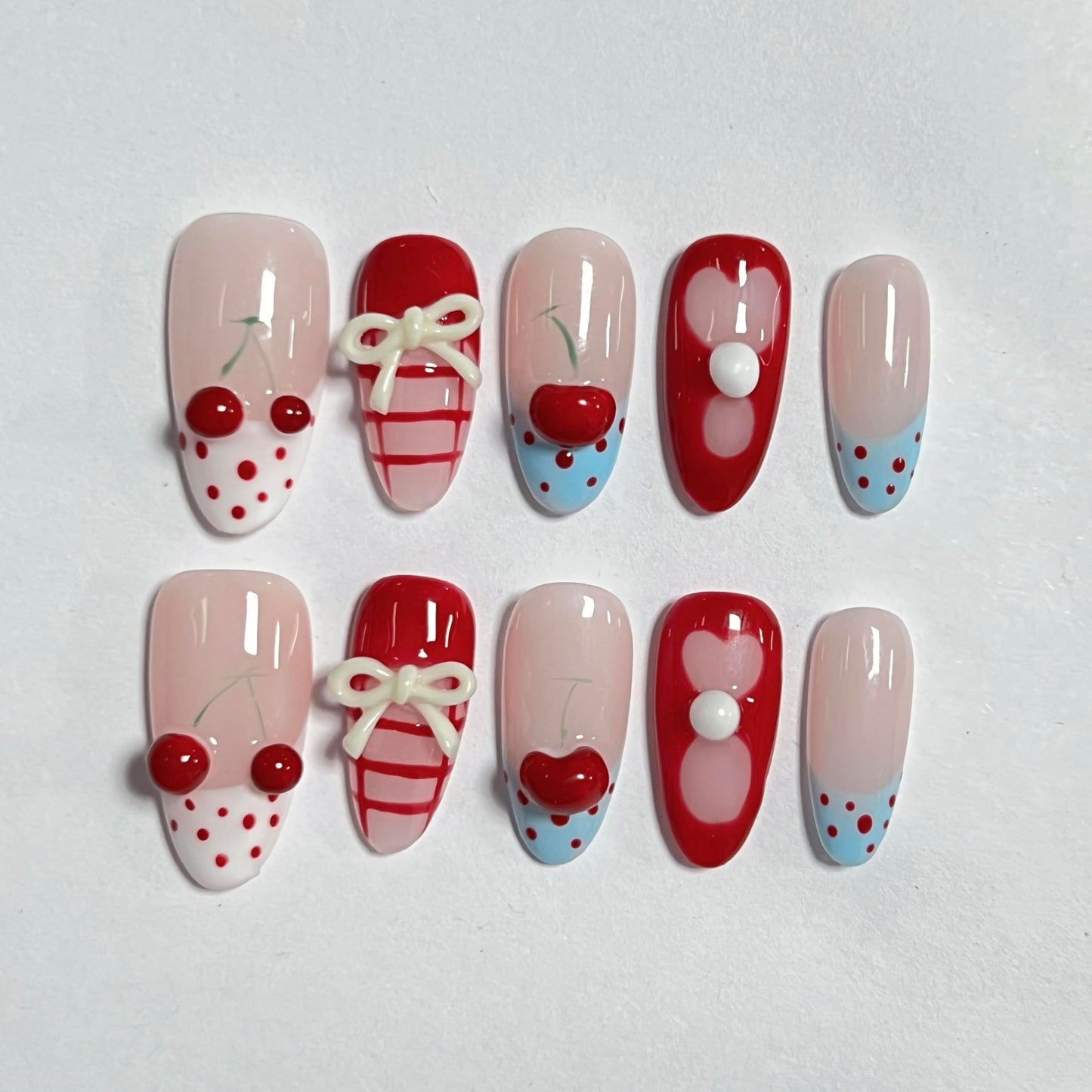 Medium Press on Nails Almond - Handmade Fake Nails with 3D Bow Cherry Design - Red Full Cover Glue on False Nails for Women - (Size M)