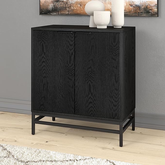 Henn&Hart 28" Fluted Wooden Accent Cabinet, Modern Ribbed Sideboard Buffet Cabinet with 2 Doors and an Adjustable Shelf for Living Room, Dining Room, Bedroom or Entryway, Black Grain