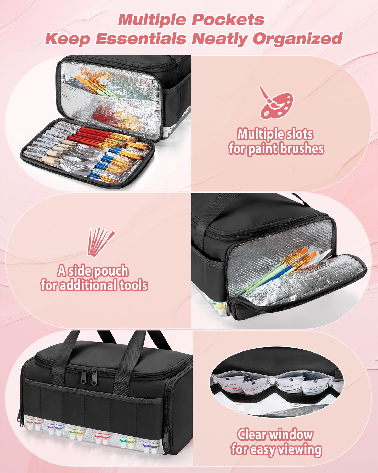 Marscamd Acrylic Paint Organizer Holds 60 Bottles (2 oz), Acrylic Paint Storage Bag with Tools Storage Sections and Crossbody Strap, Black