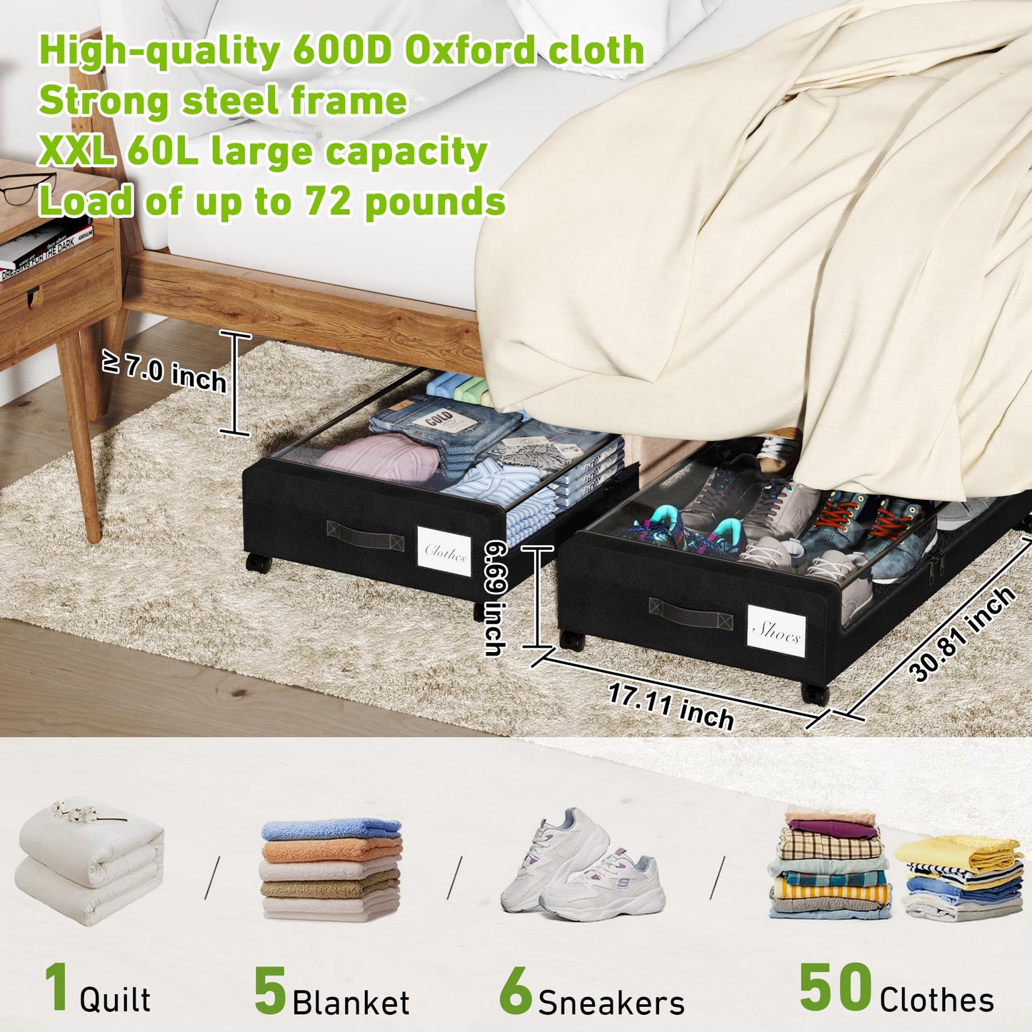 Tututry Under Bed Storage with Wheels, XXL 60L Under the Bed Storage Bins, Underbed Storage Containers with Lids & Label, Rolling Metal Drawer for Shoes, Clothes, Books, Toys (2-Pack Black)