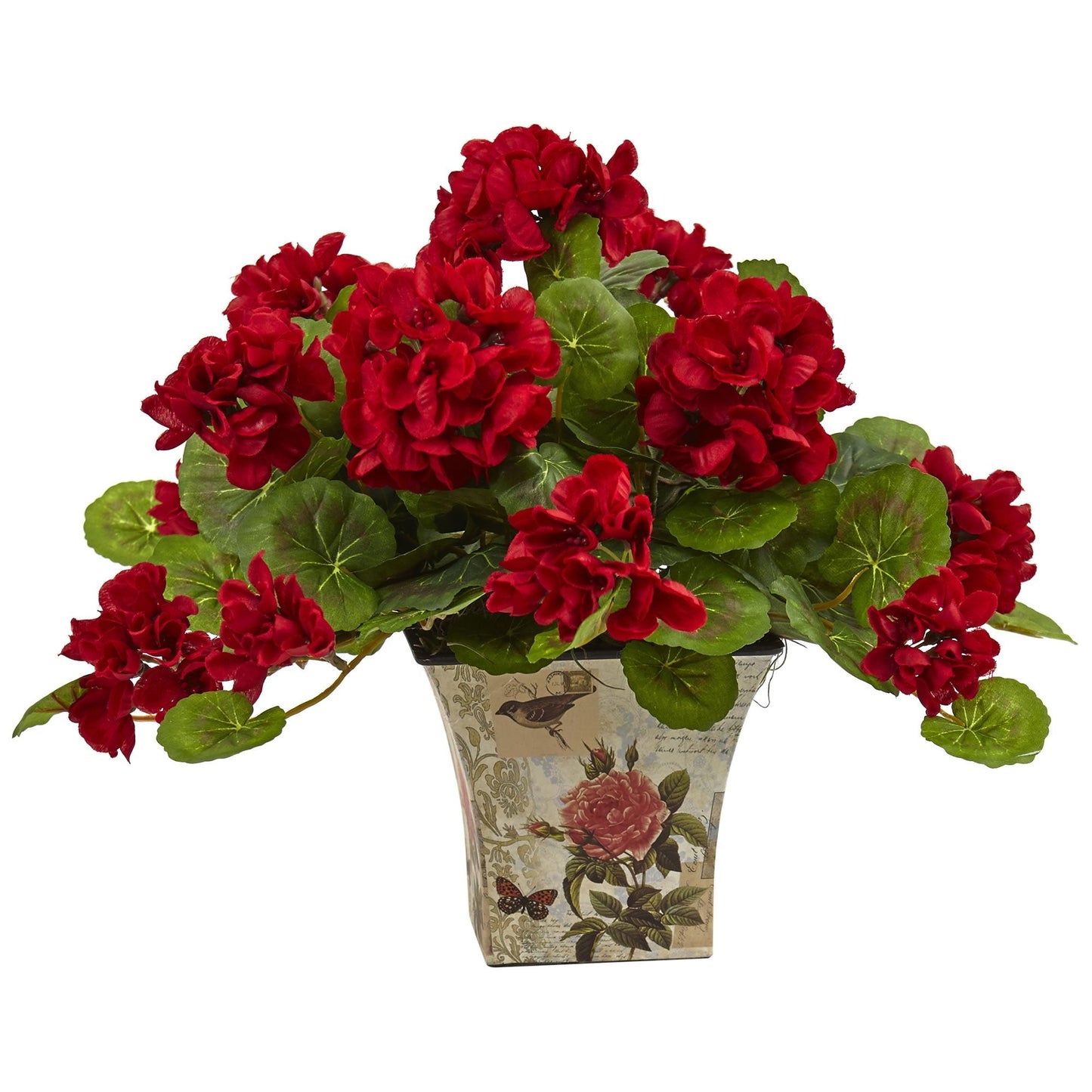Nearly Natural 11in. Geranium Flowering Silk Plant with Floral Planter (Set of 2)
