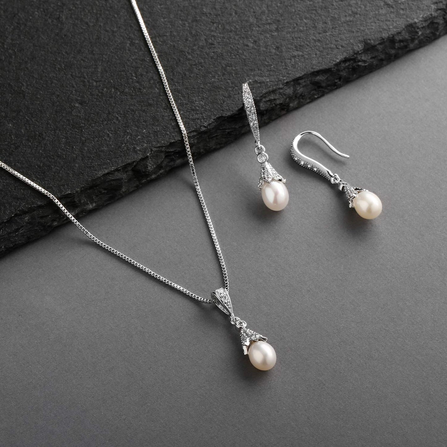Mariell Wedding Necklace & Earrings CZ Jewelry Set with Dainty Freshwater Pearl for Bridesmaids & Brides