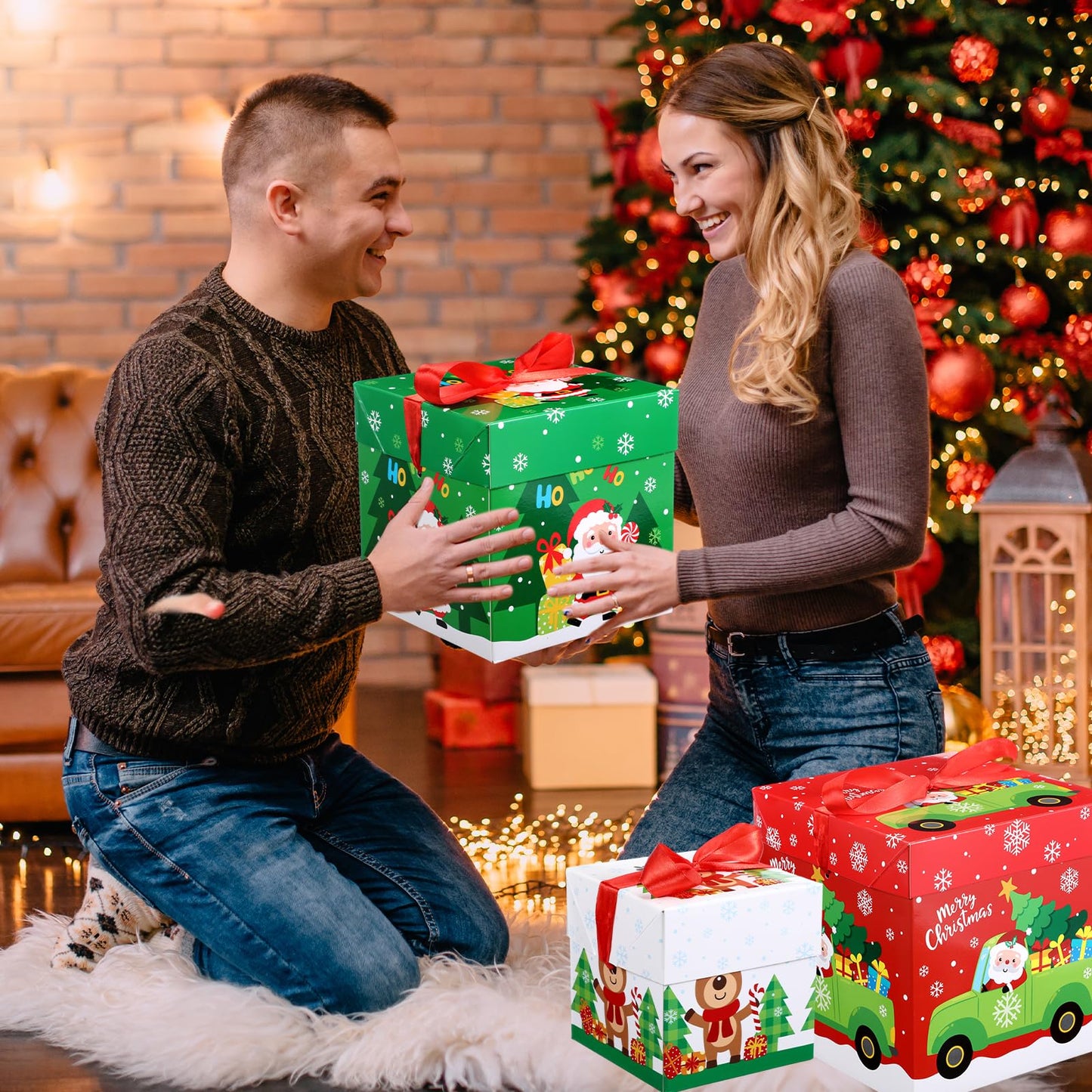 TecUnite 3 Pcs Christmas Stackable Nesting Gift Boxes Decorative Boxes with Lids for Present Wrapping Xmas New Year Holiday Party Xmas Tree Decor (Lively,Red, Green, White)