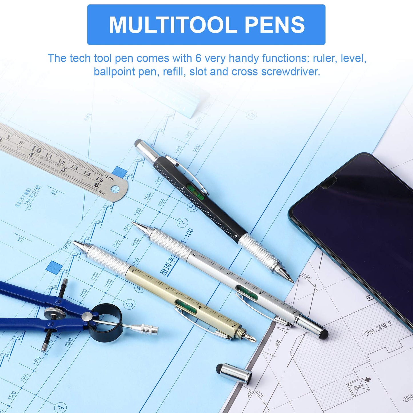 Honoson 30 Pcs Tool Pen for Men Gift 6-in-1 Multitool Tech Tool Pen with Ruler, Level Gauge, Ballpoint, Stylus, Screwdriver and Slotted Screwdriver Multifunction Gift for Him Dad Father Day