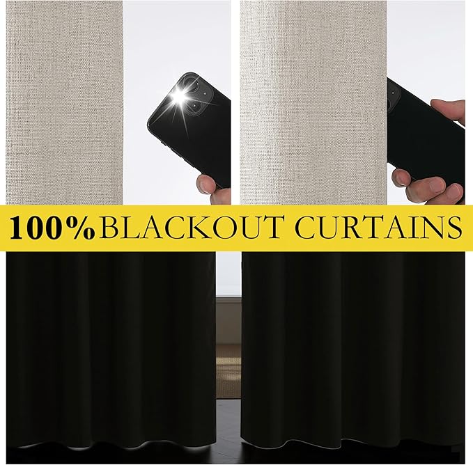 NICETOWN Brich Vintage Open Linen Weave Flax Thermal Curtains, 100% Blackout Curtains 48" Long for Dining Room, Soundproof Window Treatment Drapes for Hall Room, 52" Wide Per Panel, Set of 2