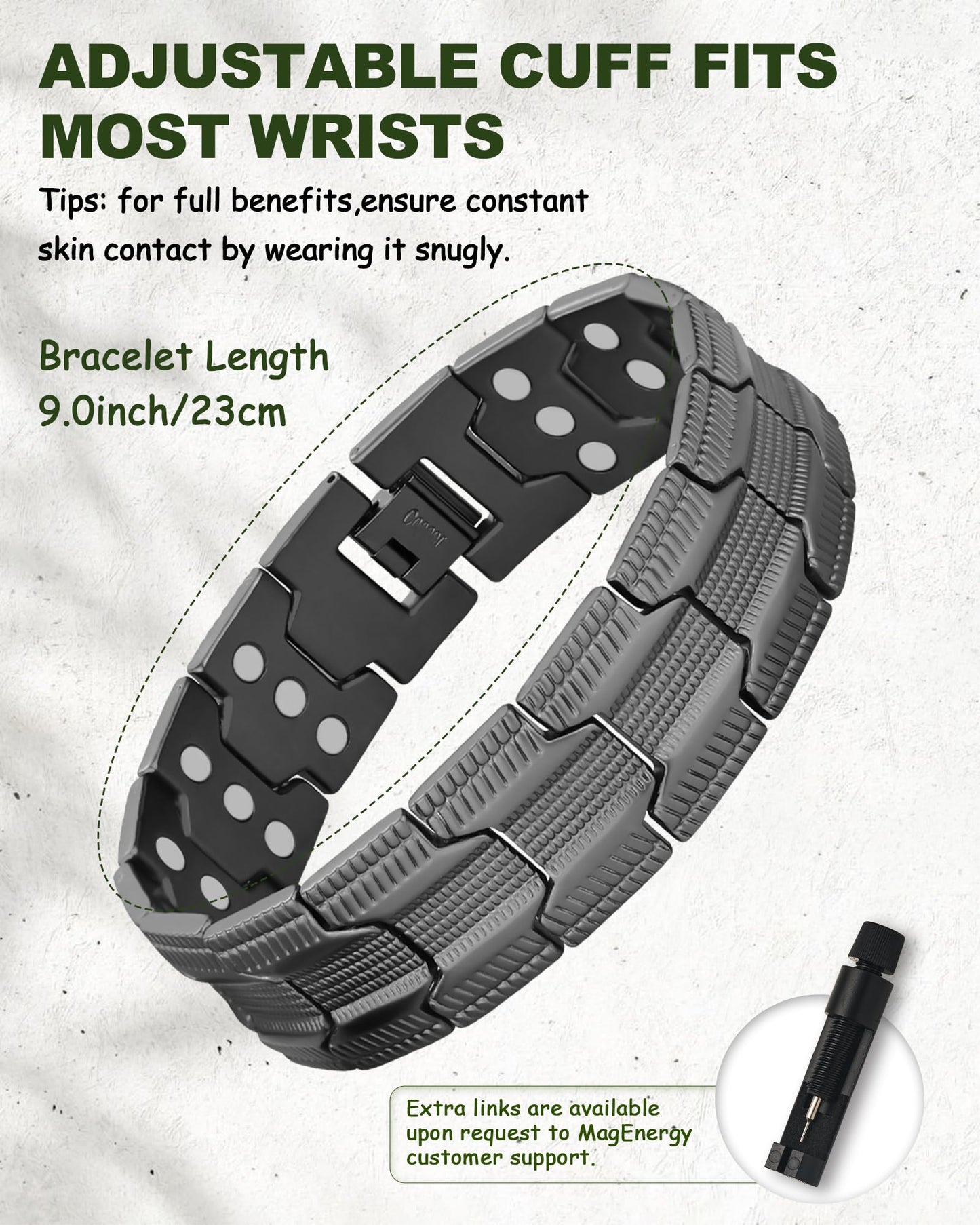 MagEnergy Copper Magnetic Bracelet for Men, 3X Strength 3800 Gauss Magnets, 99.99% Copper Bracelet with Copper Ring, Adjustable Length with Sizing Tool