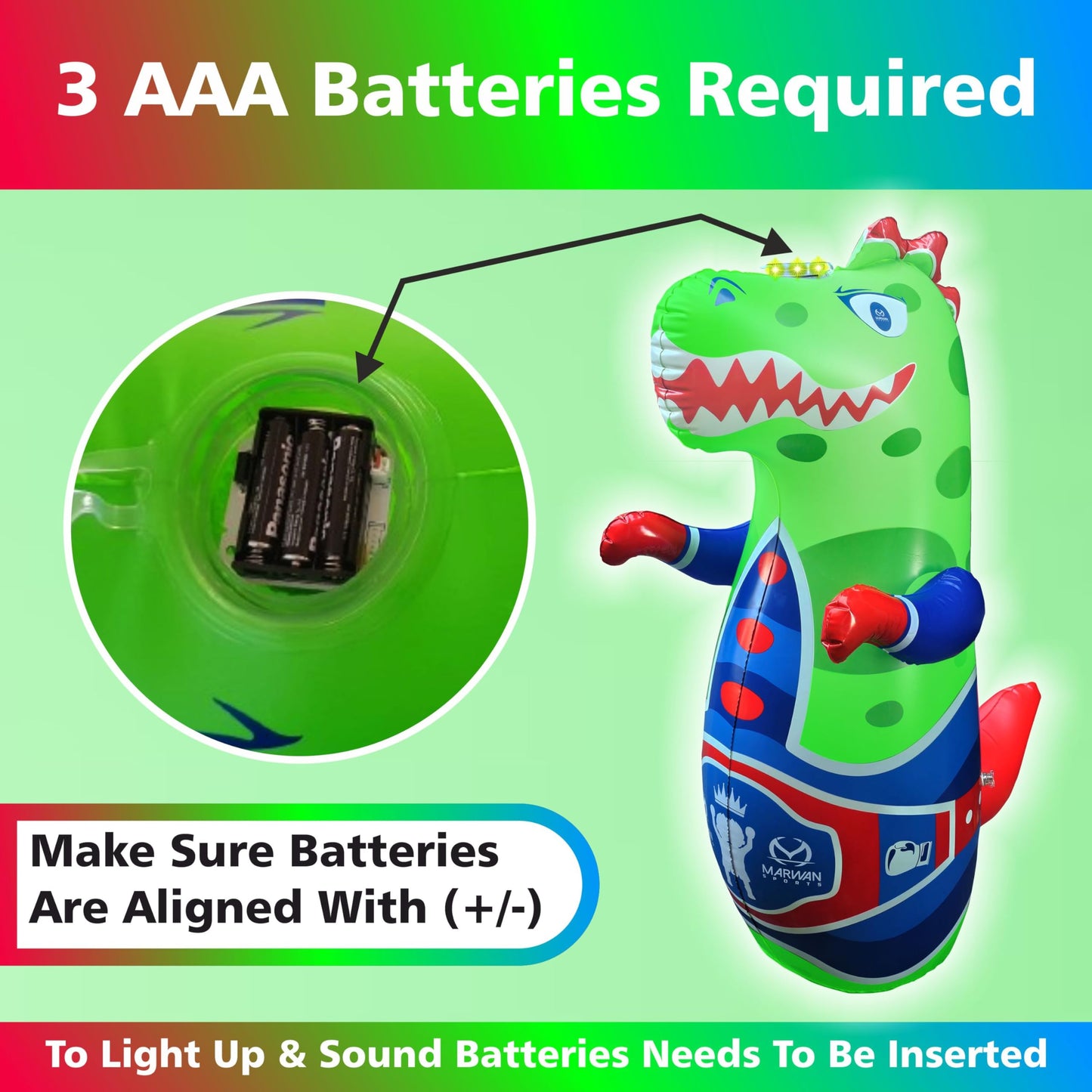 Marwan Sports Punch, Light & Roar Dinosaur Punching Bag – 47" Inflatable Bop Bag for Kids Ages 3-14 | Bounce-Back Toy with Lights & Roaring Sounds | Active Play Gift for Toddlers & Children